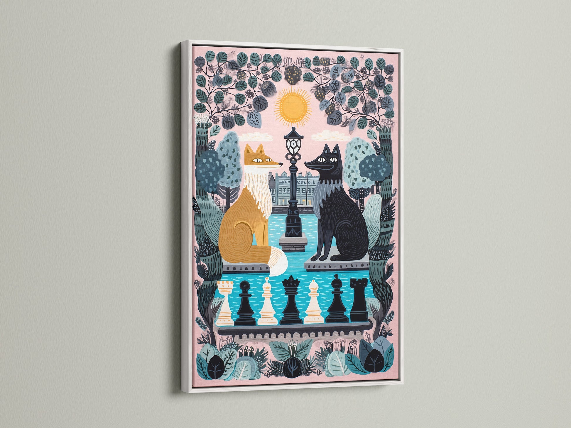 A white frame showcases a Fox and Wolf Canvas Print. This whimsical print is perfect for adding a touch of fable art to a kids room. The pink pastel colors create a calming nursery decor. This animal art piece features a unique chess game theme. A cute and contemporary artwork for storybook lovers.