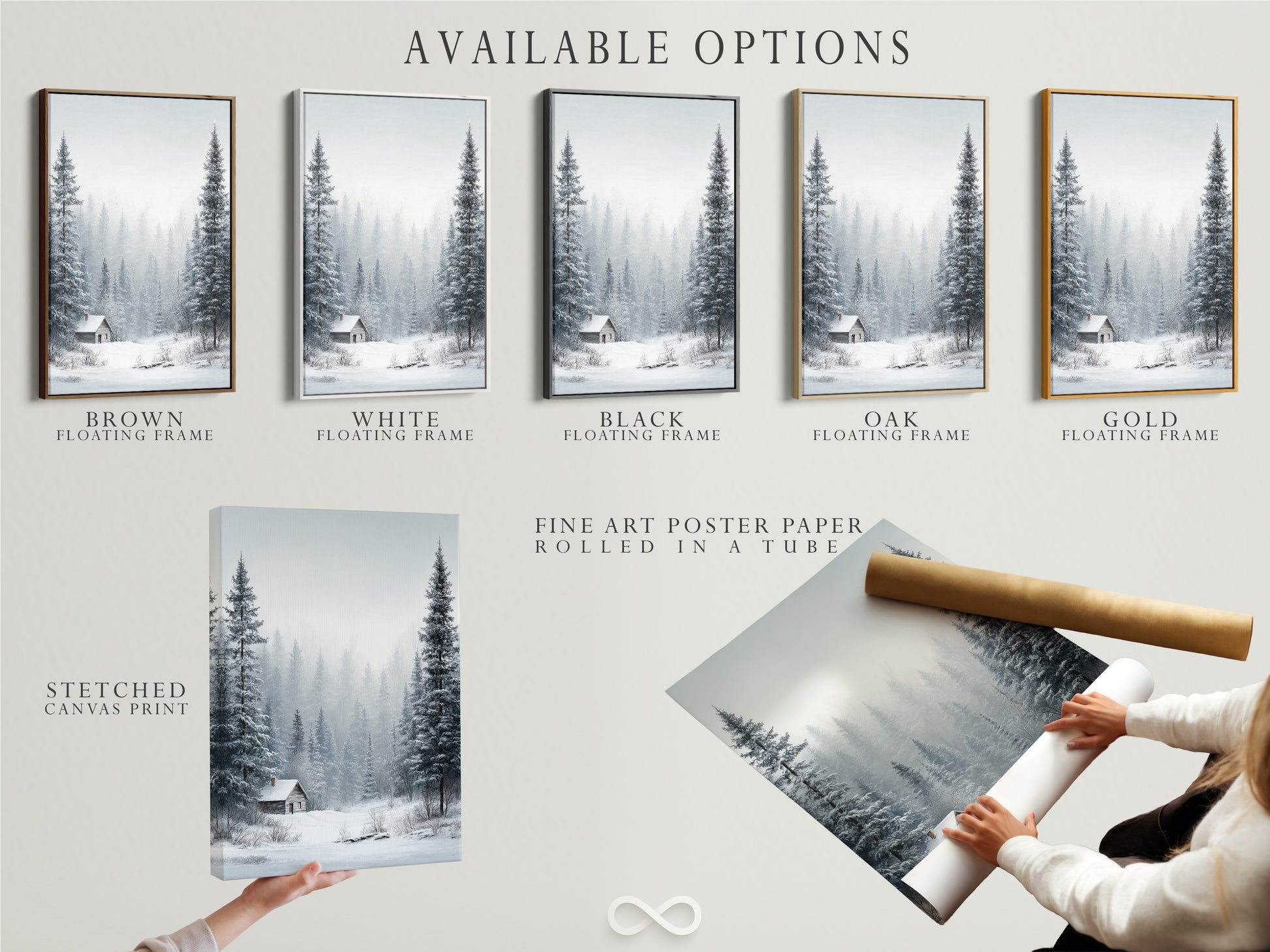 Available options for the Winter Forest artwork are displayed. Choose from a stretched canvas print. A fine art poster paper or a floating frame. The artwork features snow-covered pine trees. A cozy cabin is nestled in the landscape.