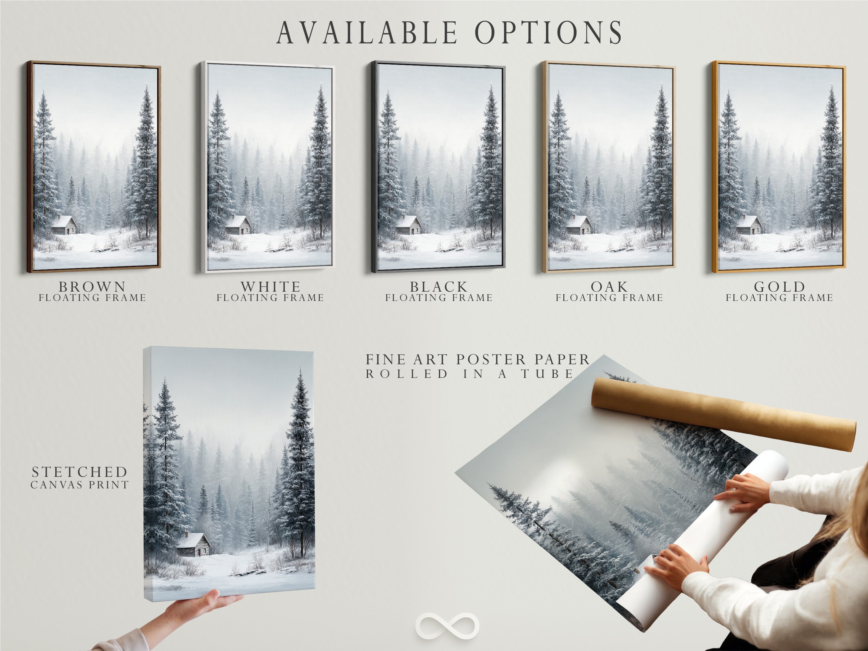 Available options for the Winter Forest artwork are displayed. Choose from a stretched canvas print. A fine art poster paper or a floating frame. The artwork features snow-covered pine trees. A cozy cabin is nestled in the landscape.