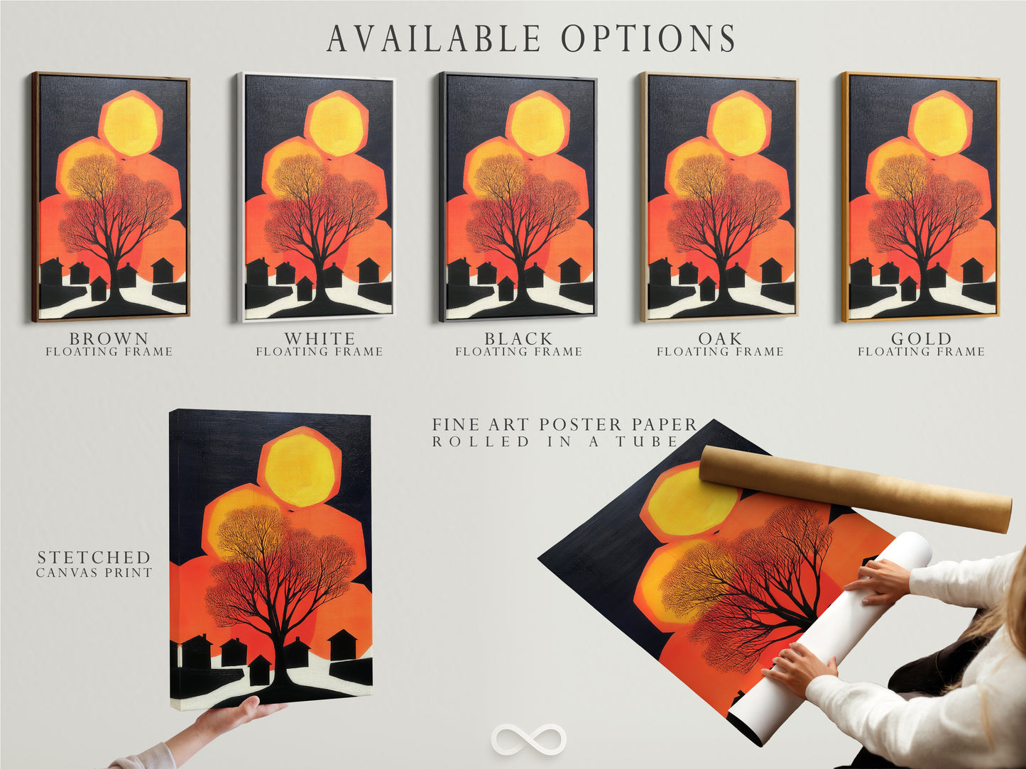 Available options: stretched canvas print fine art poster paper and floating frame. Choose the perfect format for your abstract tree artwork. Elevate your space with modern wall art tailored to your style.