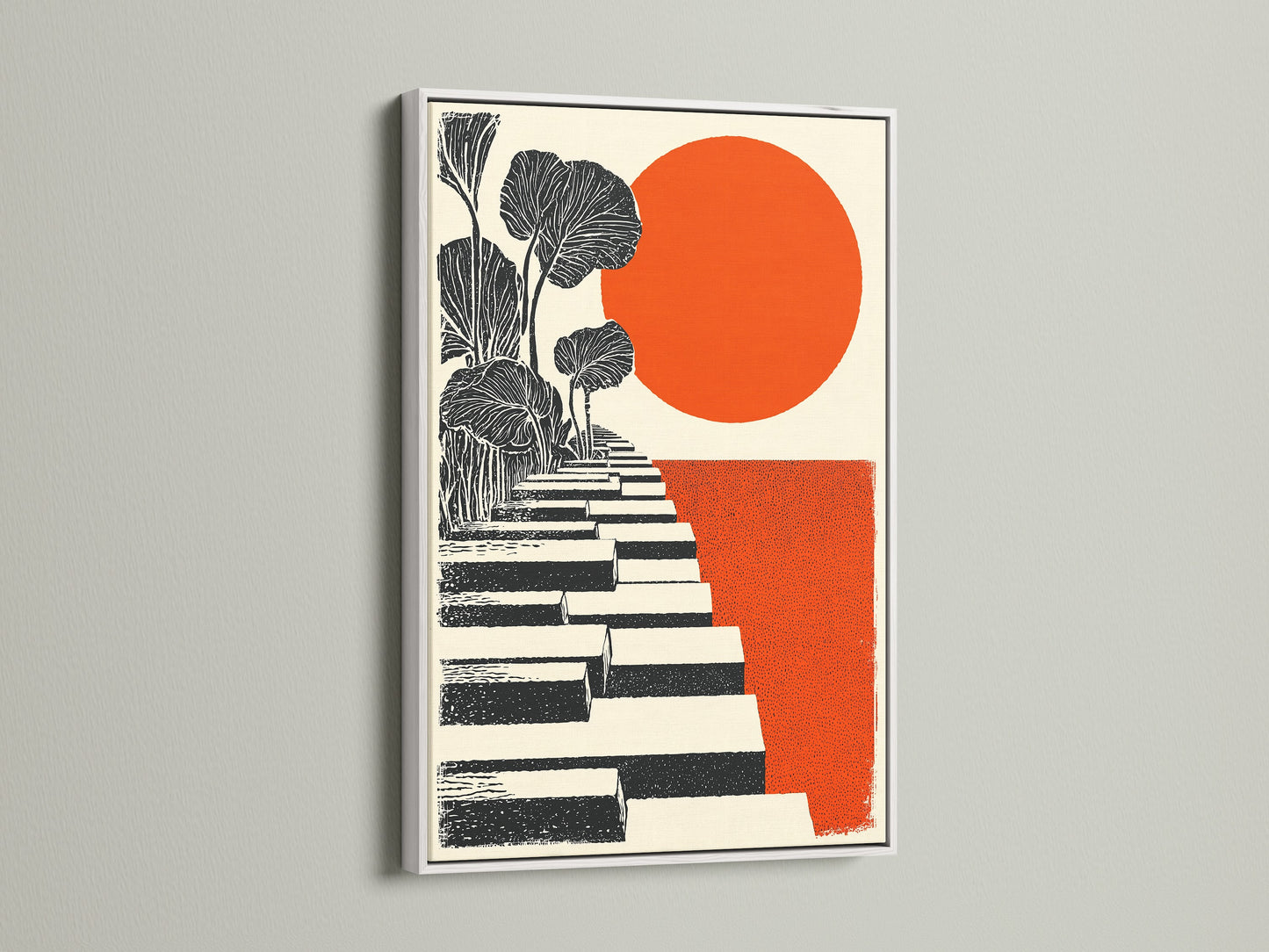 Botanical Steps canvas print featuring orange sun art in a white frame. The geometric plant artwork adds a touch of contemporary style to any space. Perfect for bedroom wall decor or a minimalist office. This canvas print enhances Scandi decor.