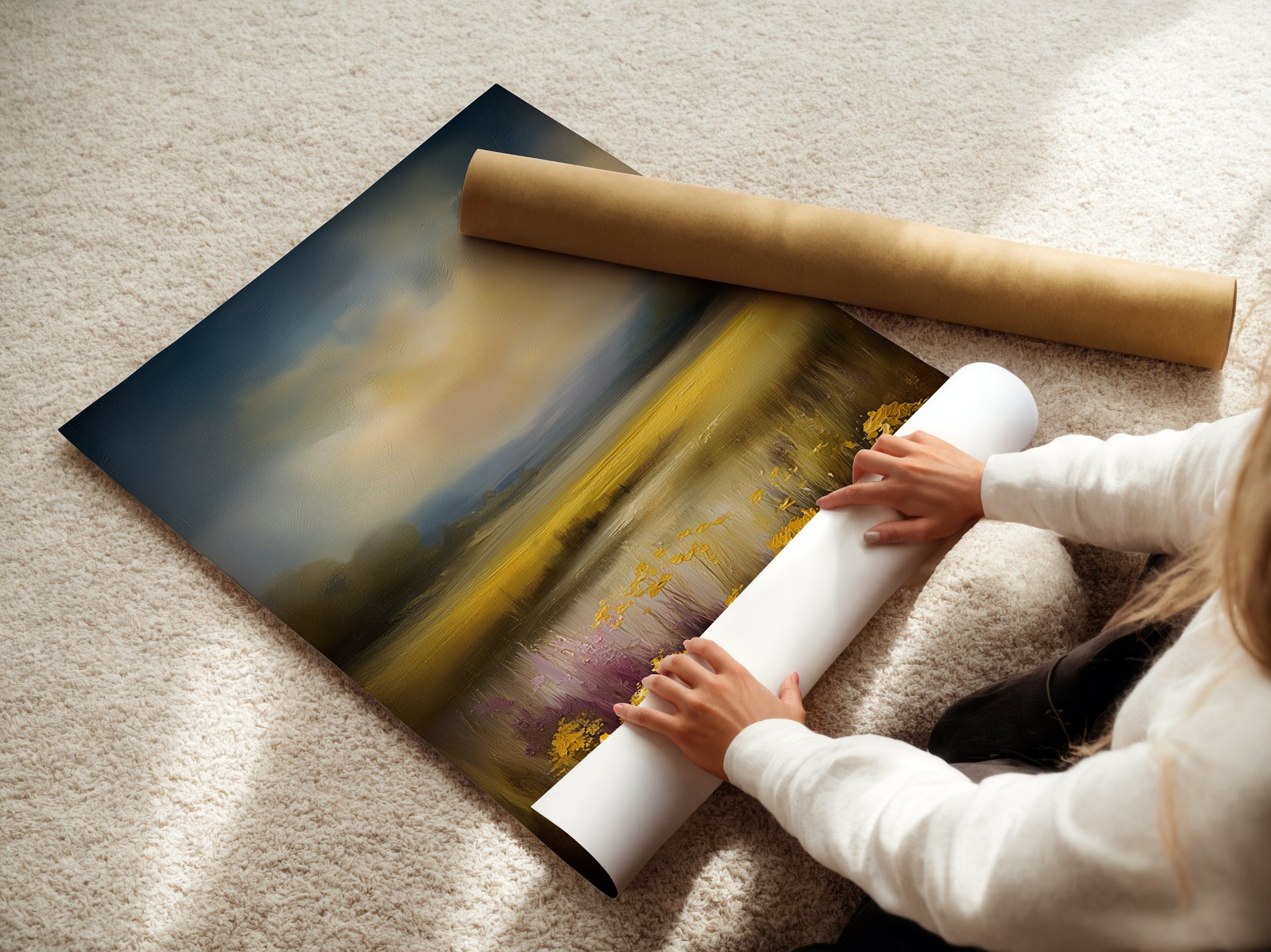 A woman is rolling a fine art poster paper of the Golden Field artwork. This neutral tone meadow artwork is perfect for home decor. It offers a calming serene landscape. This is great for framing.