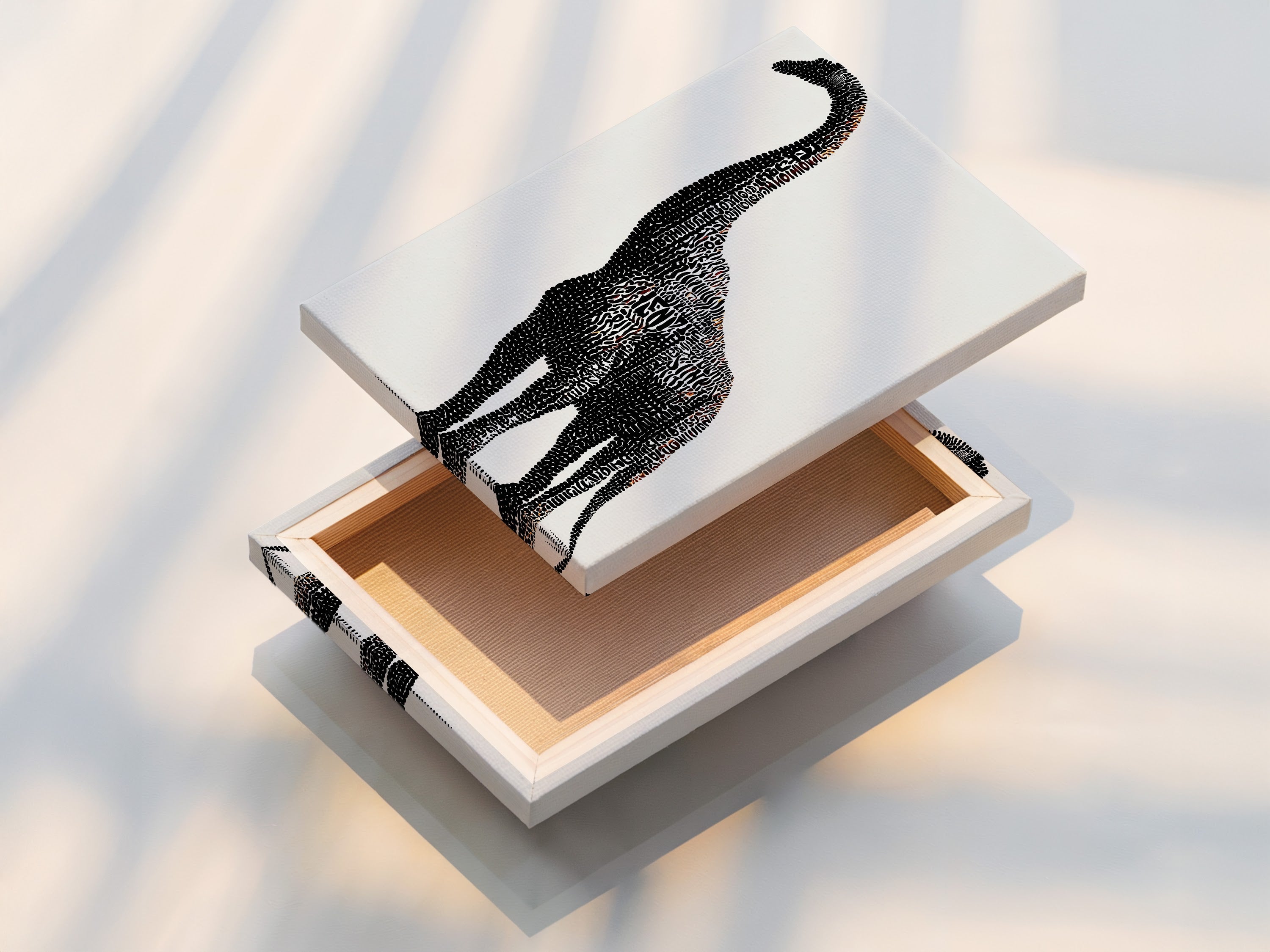 This is a stretched canvas print featuring dinosaur typography. The Brontosaurus word art adds a modern touch to any space. Ideal for kids room decor. Great wall art for a nursery or playroom. The stretched canvas provides a clean and gallery-ready look.