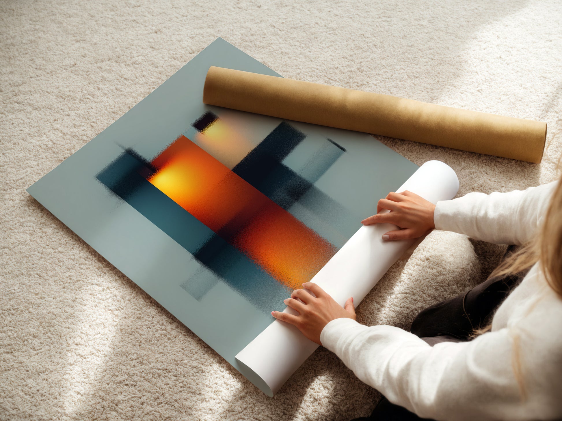 A woman is carefully rolling fine art poster paper. The paper is high-quality and ready for printing. This ensures your art looks its best. Discover the care that goes into creating your fine art prints. High quality production.