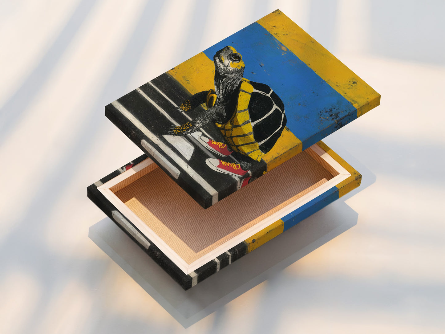 This is a stretched canvas print featuring a turtle wearing sneakers. This animal wall art adds a contemporary quirky touch to any room. The canvas is stretched and ready to hang. Perfect for modern eclectic interiors. The artwork includes yellow and blue colors.