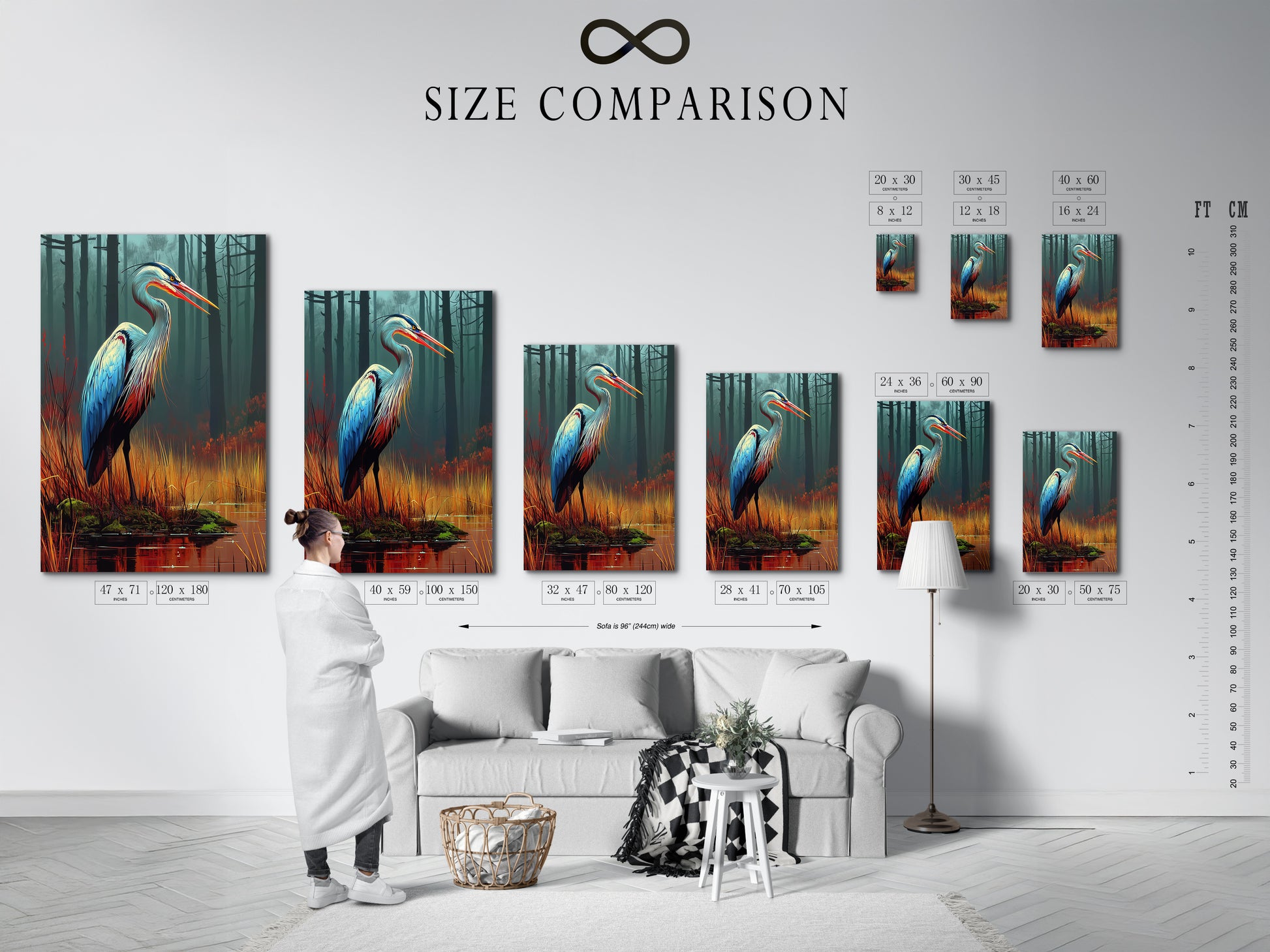A size comparison chart is displayed in an interior setting. Visualize how heron canvas prints fit your space. Choose the perfect size for your teal and orange bird artwork. Ideal for home or office wall decor. Explore various sizes of heron art and nature prints today.