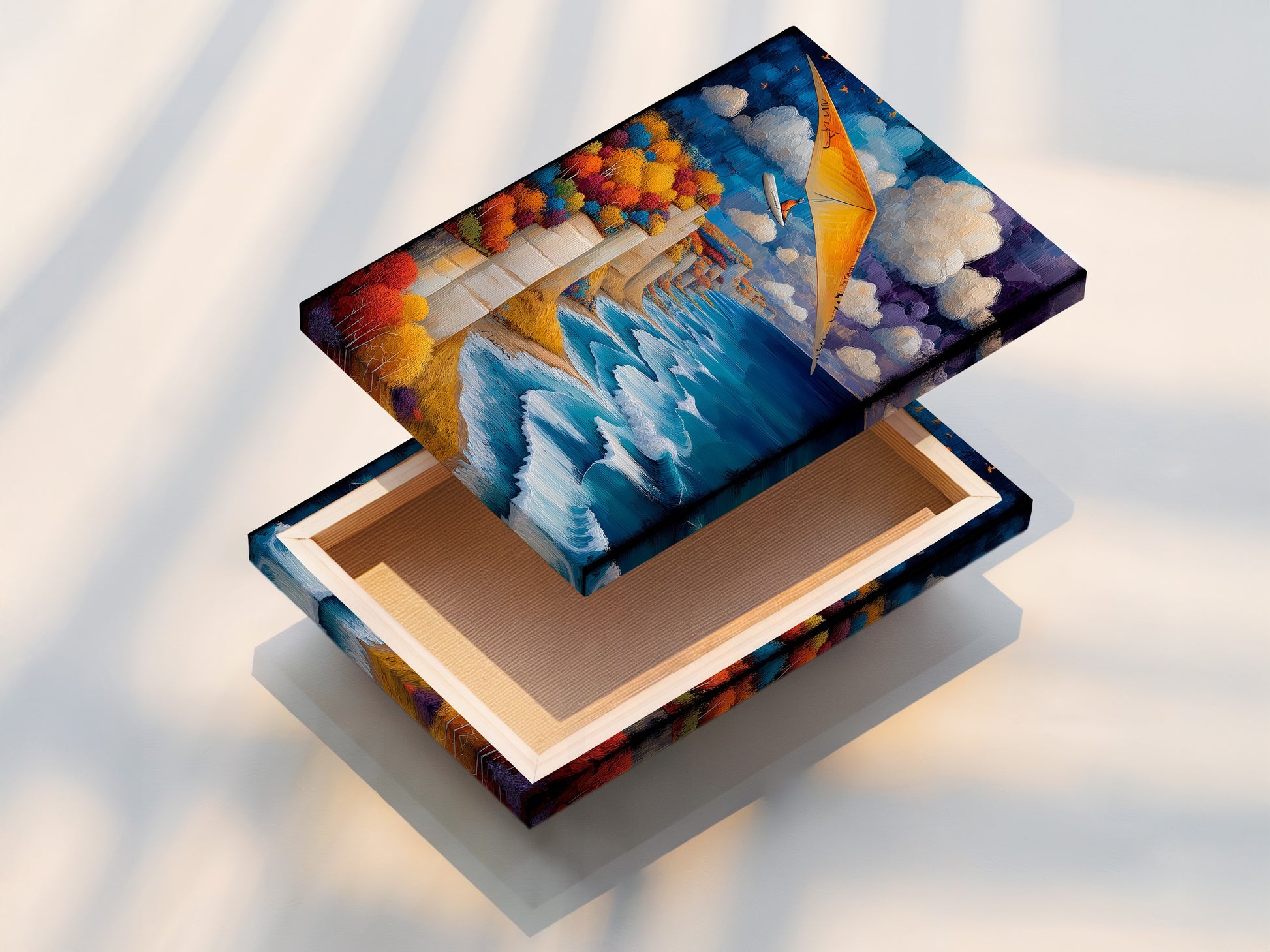 Stretched canvas print of hang gliding artwork. Coastal cliff wall art for any room. The art shows a seascape with a blue ocean. This aviation artwork is perfect for homeowners. The stretched canvas print is ready to hang. Add adventure to your walls today.