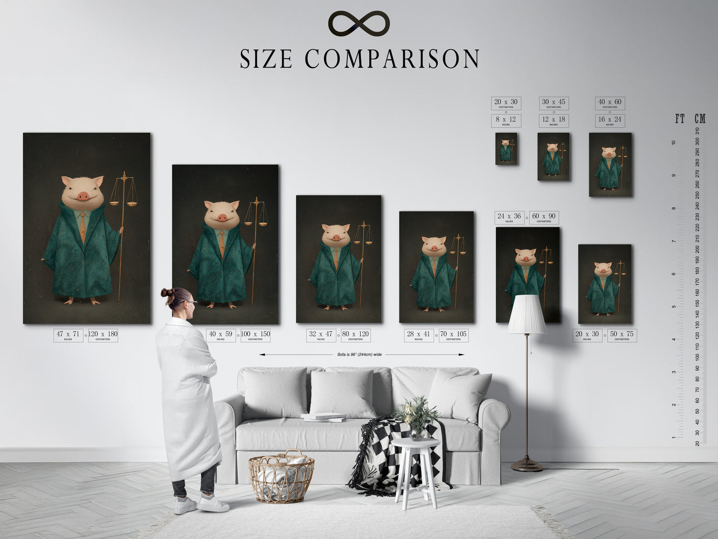 A size comparison chart showcases the Lawyer Pig artwork in an interior setting. See how this legal office art fits in your space. The justice scales animal canvas adds sophistication to law firm decor. An ideal attorney gift. Victorian style with green and gold.