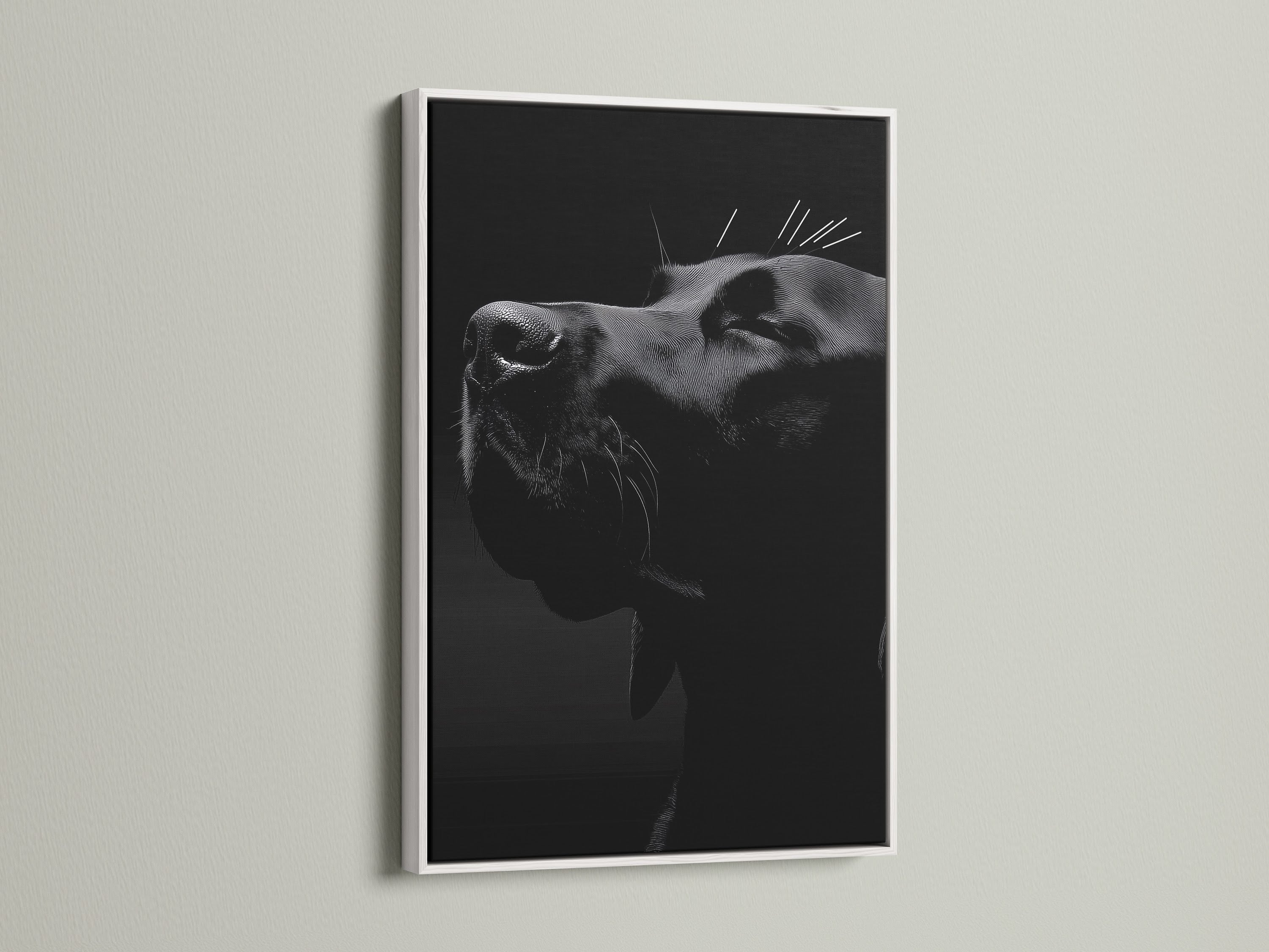 A cow portrait in a clean white frame is showcased. This black and white artwork complements minimalist decor. Suitable for pet boutiques and veterinary clinics. Enhance your space with this modern piece.