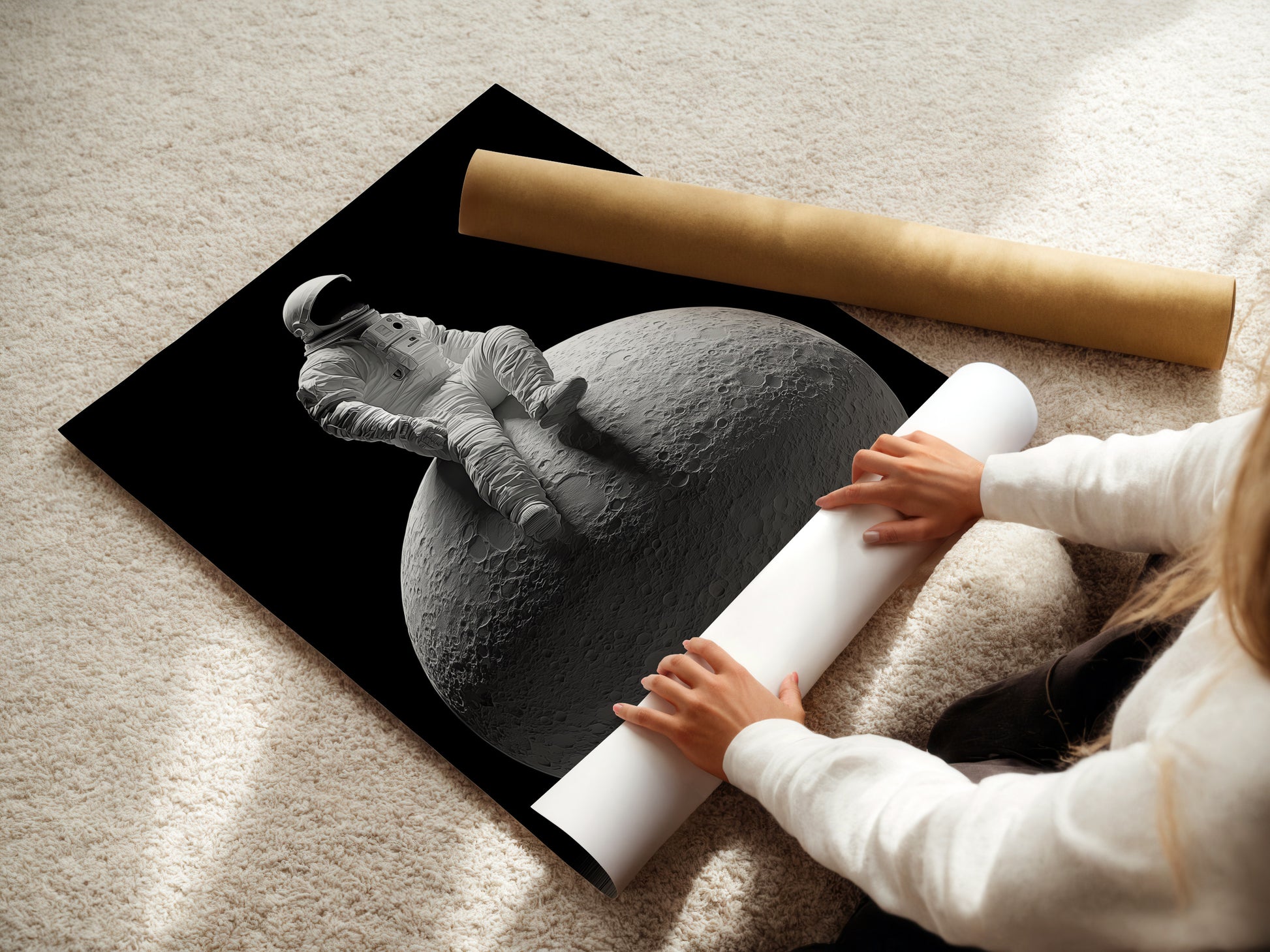 A woman is carefully rolling a fine art poster paper. The high-quality paper ensures the artwork will look its best. This protects the print during shipping. Fine art posters offer a versatile and affordable way to enjoy art.