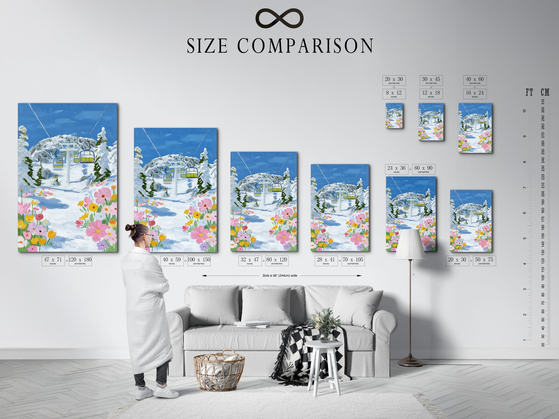Size comparison chart in an interior setting. Visualize the Ski Lift artwork in various sizes. The winter mountain wall artwork fits any space. Alpine artwork perfect for vacation homes.