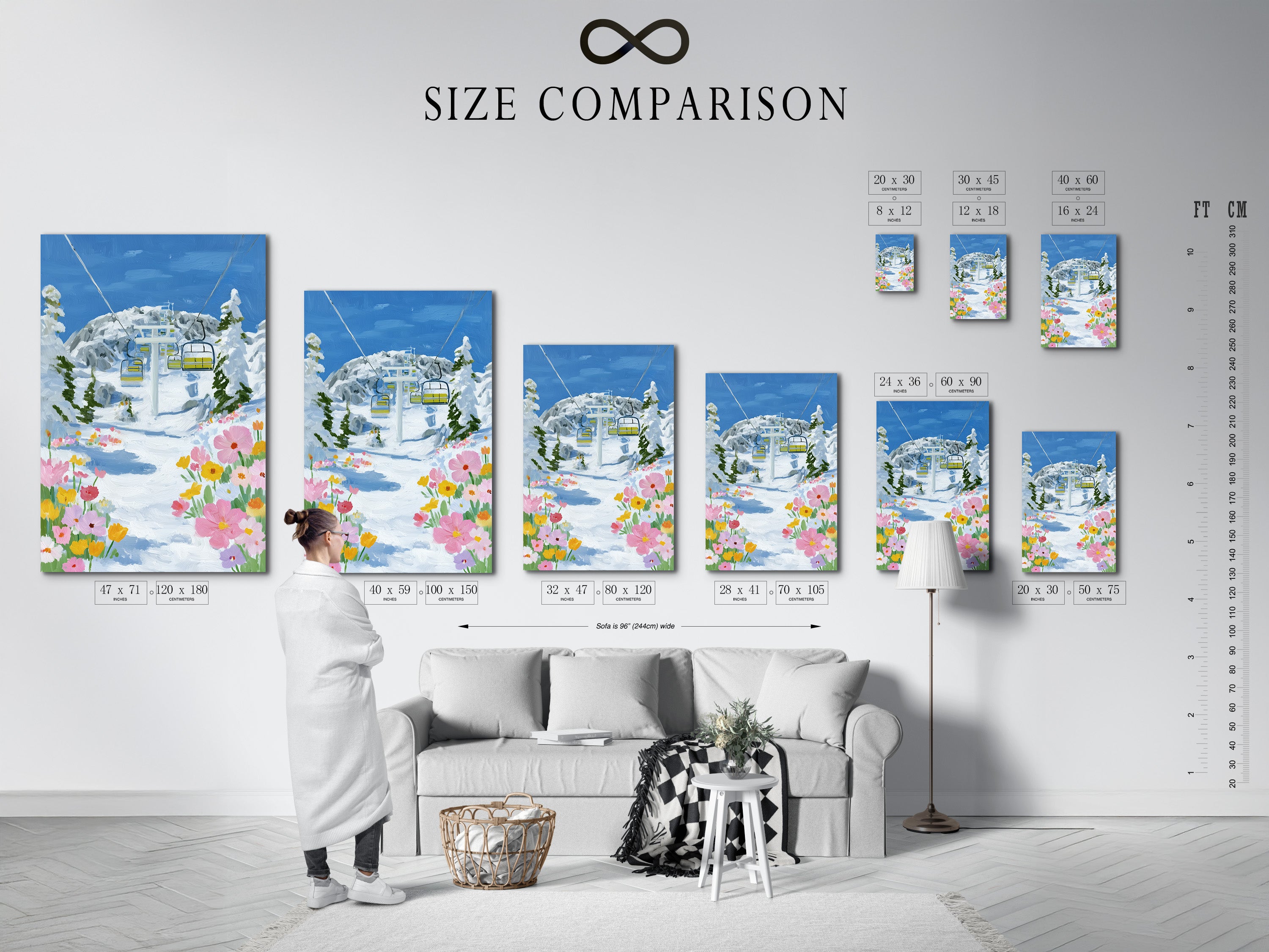 Size comparison chart in an interior setting. Visualize the Ski Lift artwork in various sizes. The winter mountain wall artwork fits any space. Alpine artwork perfect for vacation homes.