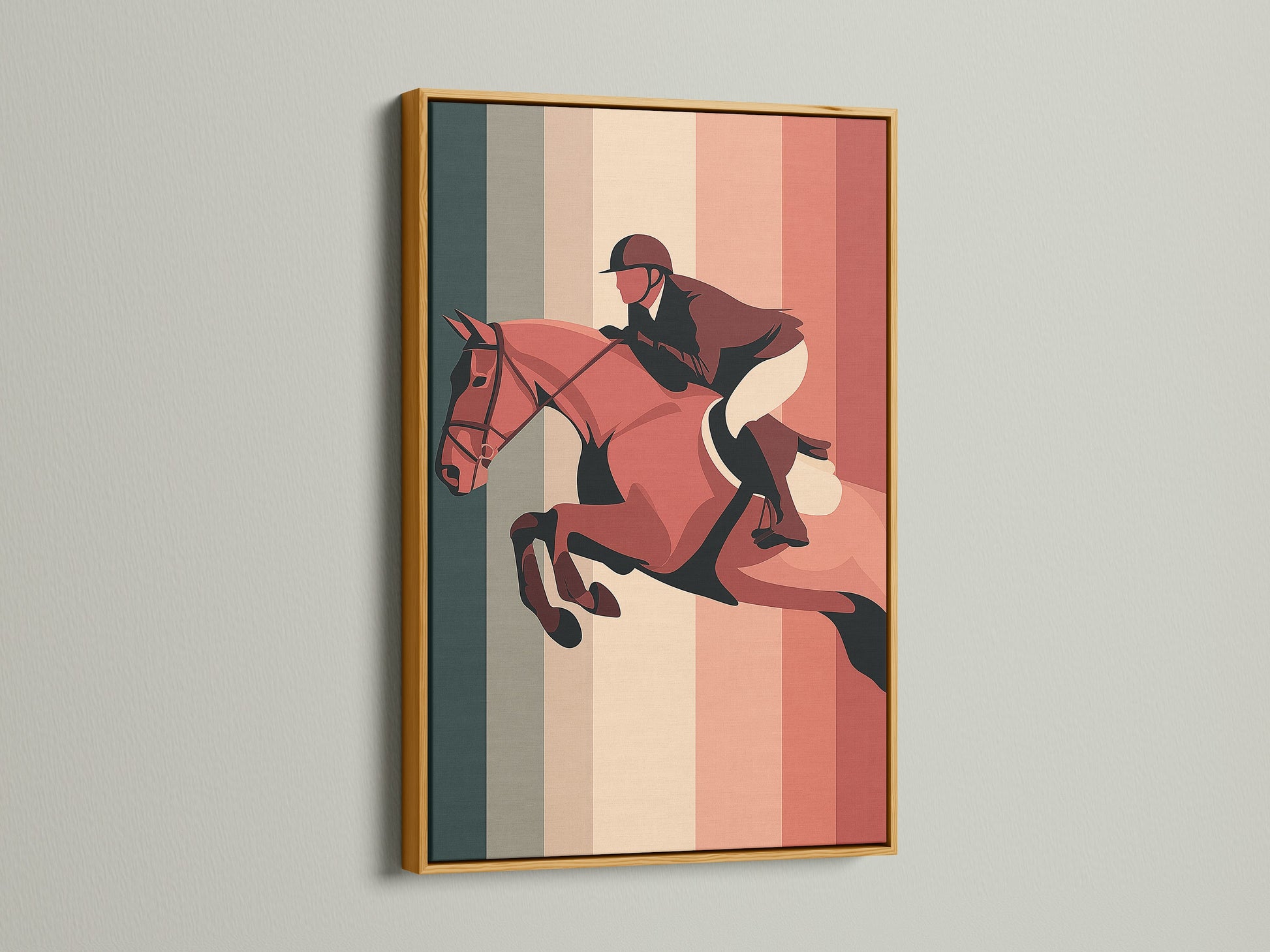 The artwork is showcased in a gold frame. The gold frame adds a touch of luxury and glamour. The art depicts a horse and rider jumping. The frame enhances the artwork beautifully. Perfect for adding a touch of opulence to your decor.