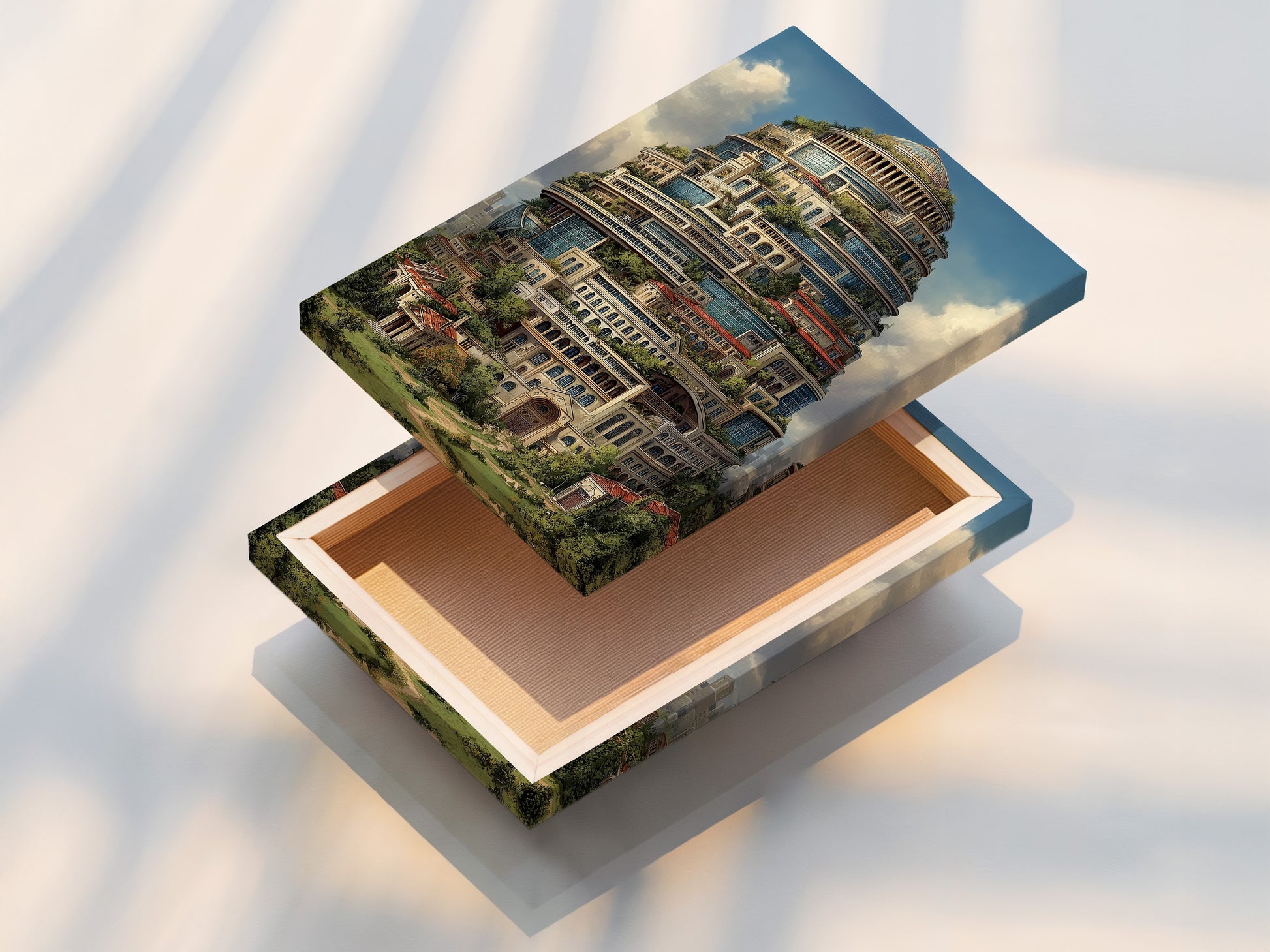 A stretched canvas print featuring fantasy architecture. The surreal tower artwork is ready to hang. This whimsical building adds charm to any room. The primary color is brown. The secondary color is green. It is perfect as office art or living room wall art.
