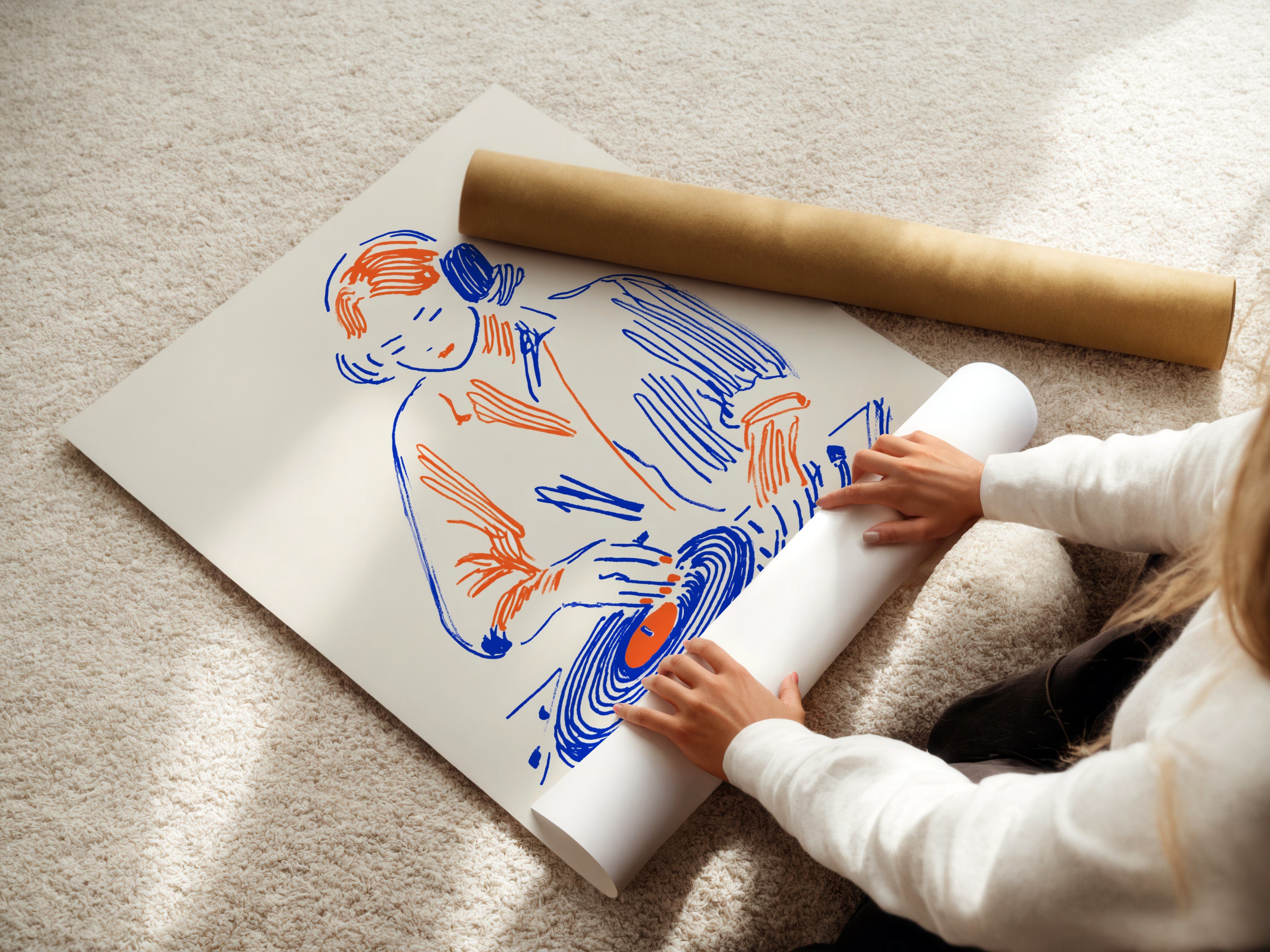 A woman is carefully rolling a fine art poster paper of the DJ Turntable artwork. This retro music art is perfect for studio wall art. It makes a thoughtful gift for music producers. The primary colors are blue and orange. This artwork is perfect for studio wall art or dorm decor.