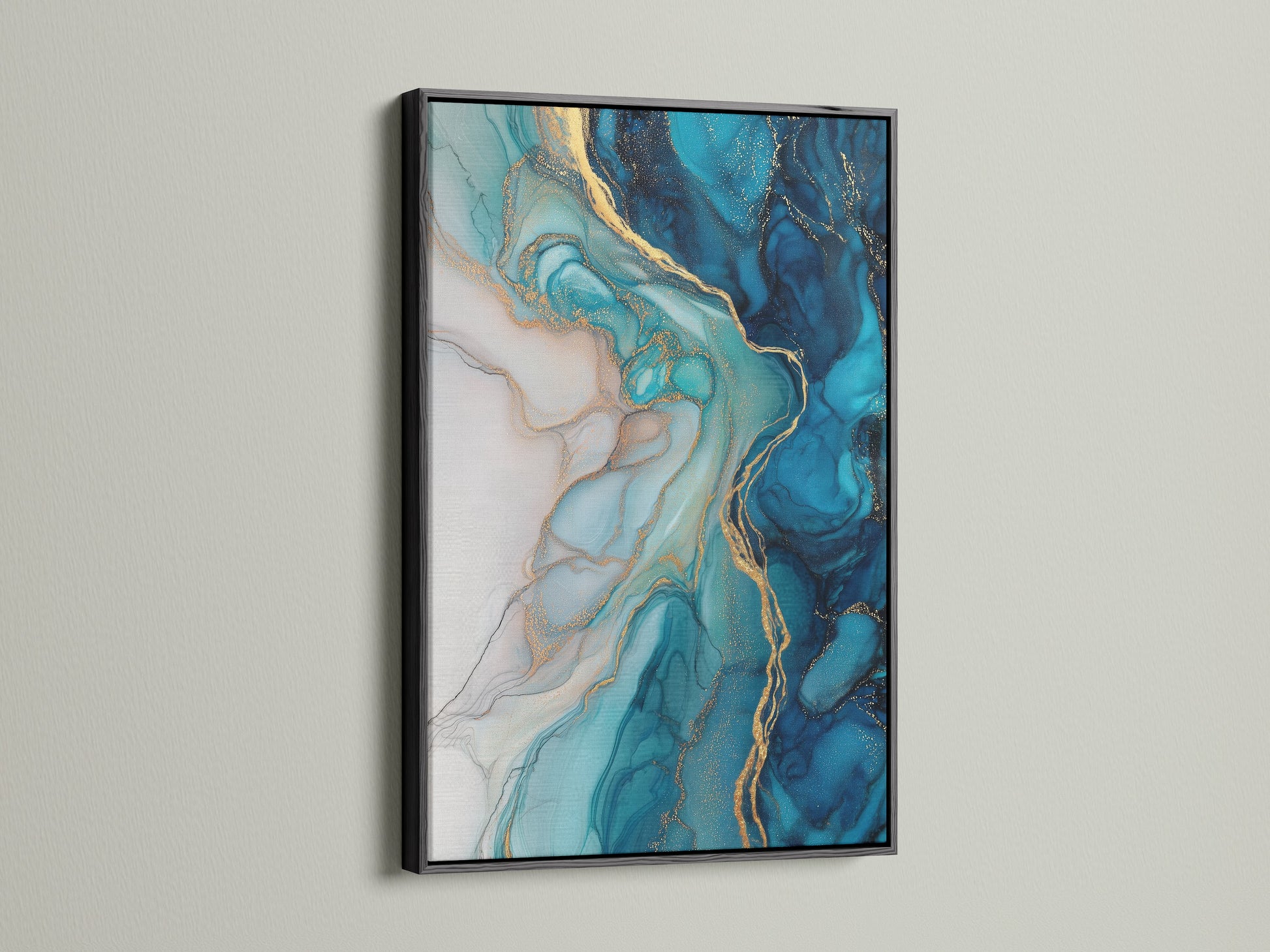 A black frame highlights the captivating blue abstract art. The fluid acrylic wall art showcases teal and gold marble details. This modern canvas art is ideal for any room. The artwork's contemporary style complements minimalist and eclectic interiors perfectly.