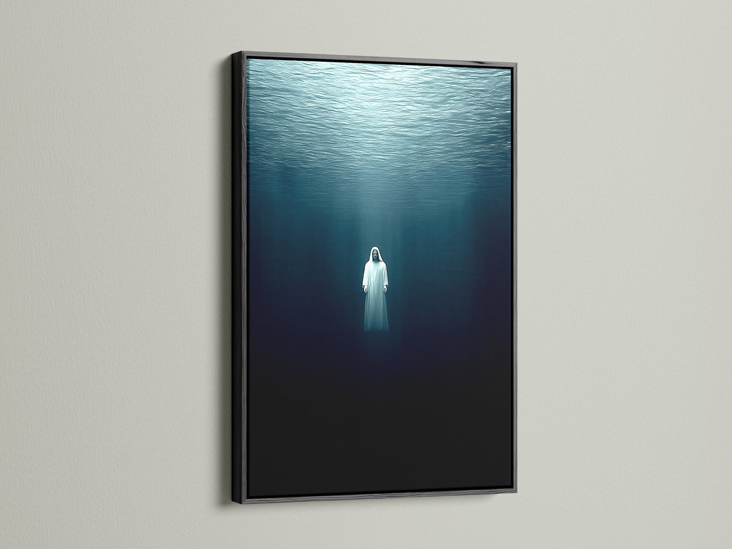 A black frame highlights the underwater figure artwork. This moody wall art is perfect for meditation rooms. It will enhance studios lobbies clinics or boardrooms. The ethereal artwork creates a spiritual atmosphere. Add a touch of zen to your decor.