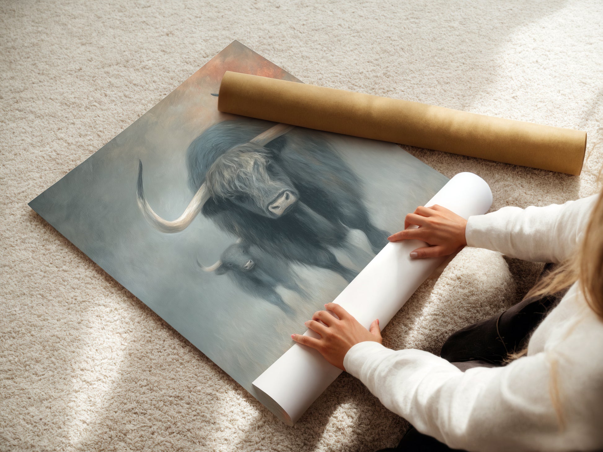 A woman is carefully rolling a fine art poster paper. The poster features yak artwork. This ensures protection during shipping. This is Ideal for preserving rustic farmhouse wall decor.
