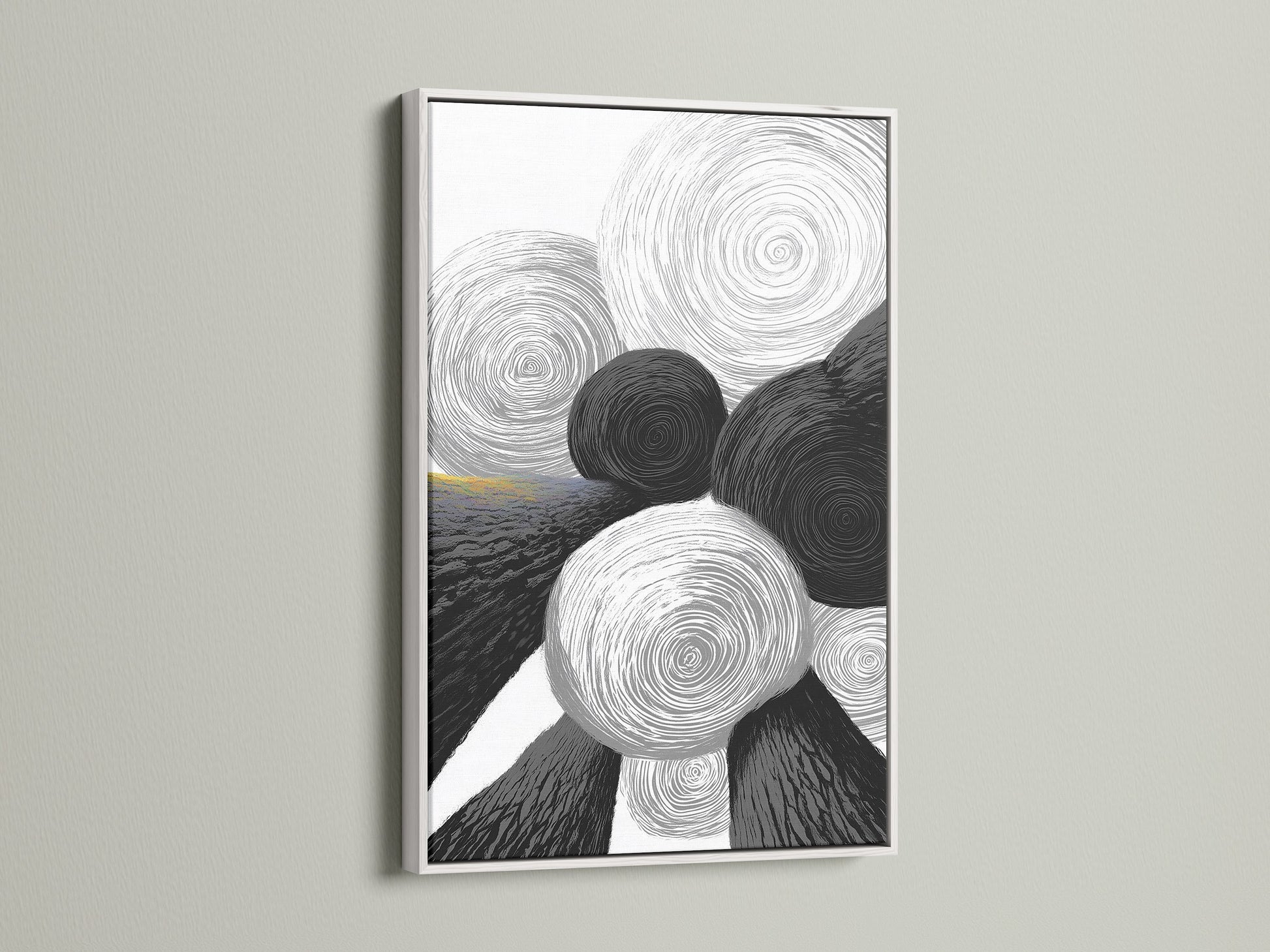 Modern abstract geometric art is beautifully showcased in a white frame. The black and white circle artwork offers a minimalist touch. This piece enhances modern and Scandinavian interiors. This artwork is versatile for any room.