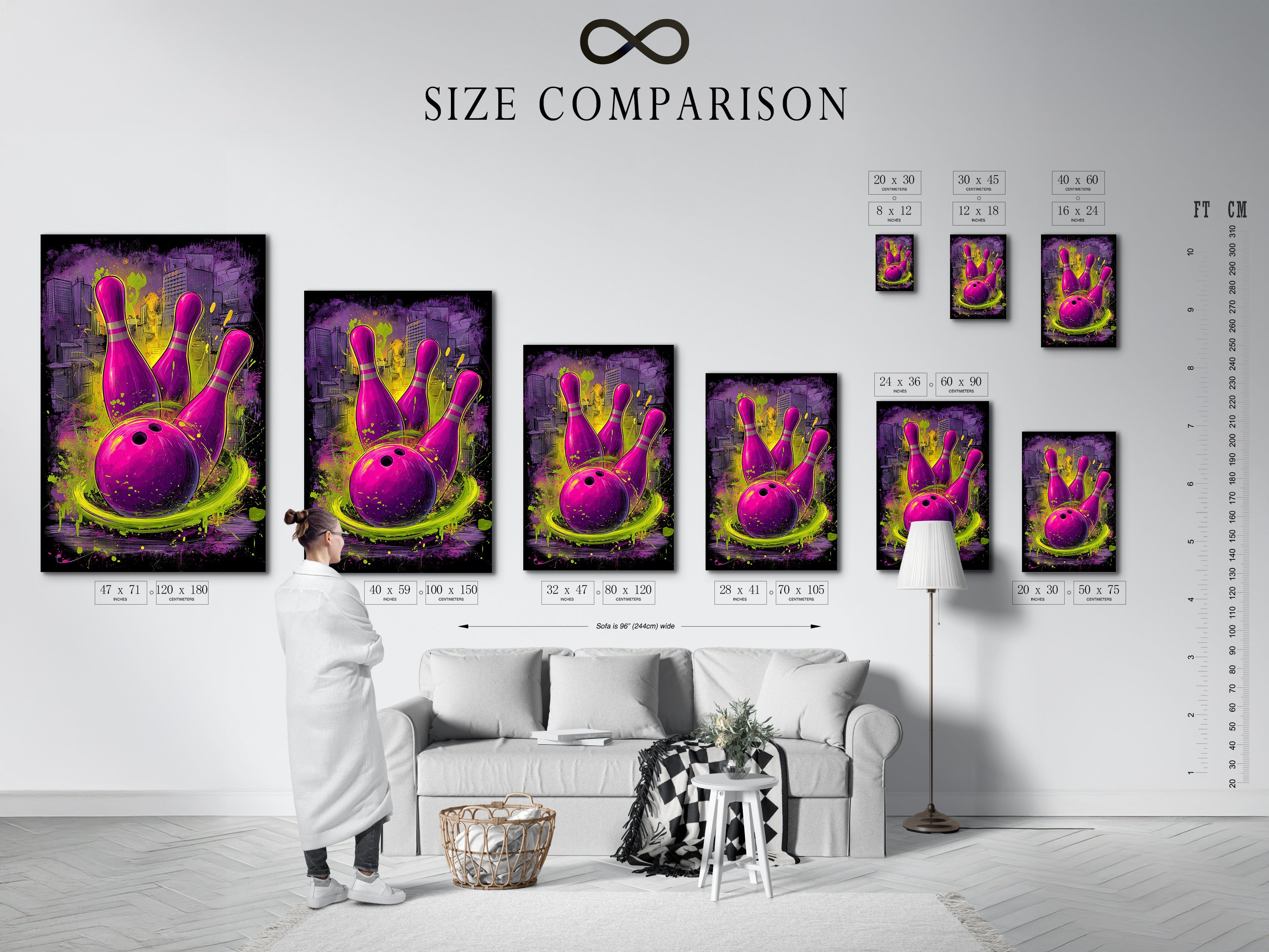 Size comparison chart for bowling artwork in an interior setting. Visualize how the purple and green graffiti art print will look in your space. Perfect for planning your game room or man cave decor. Choose the ideal size to enhance your urban sports wall decor effectively.