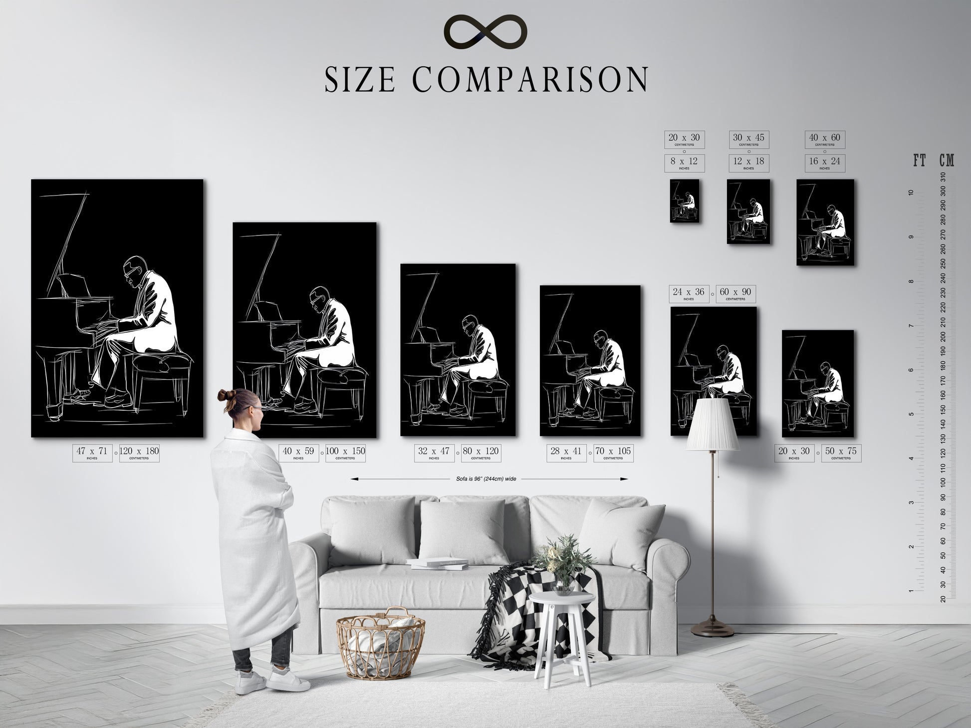 A size comparison chart displayed in an interior setting. This chart shows available sizes for black and white jazz piano artwork. Find the perfect fit for your space. Choose from minimalist musician wall art to enhance your decor. Ideal for music rooms or living spaces.