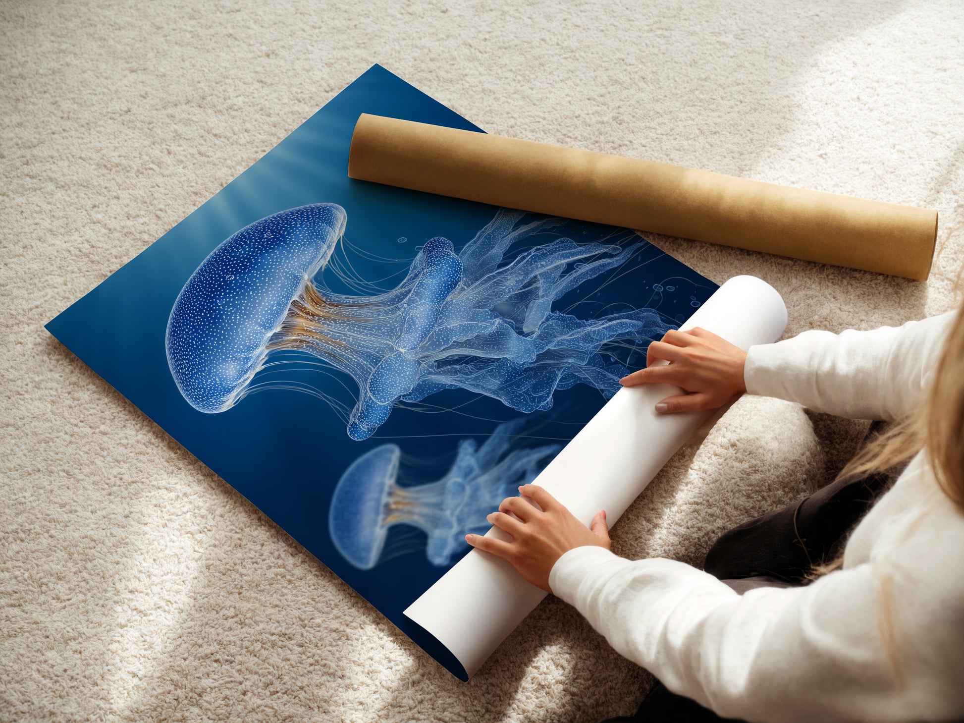 A woman carefully rolling a fine art poster paper. She is preparing the artwork for framing or display. The fine art paper ensures high-quality prints with vibrant colors. This protects the artwork during handling. Perfect for preserving and showcasing your favorite pieces.