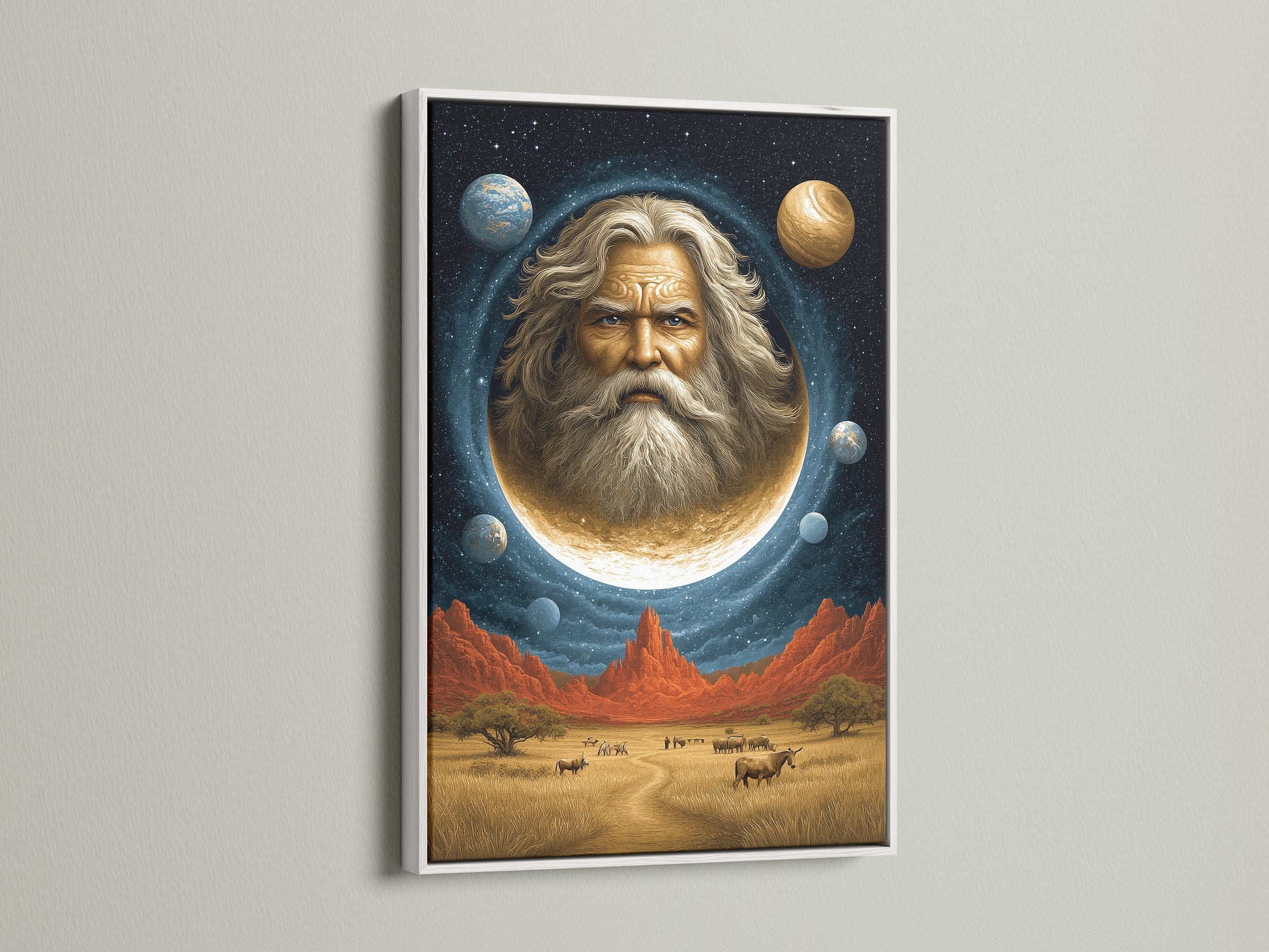 This cosmic portrait wall art features a celestial man in the moon. It's encased in a white frame. This surreal space canvas print brings mystical beauty to your home. Ideal for spiritual advisors and those seeking unique art. It enhances Living Rooms Offices Meditation Rooms studios lobbies and wellness centers.