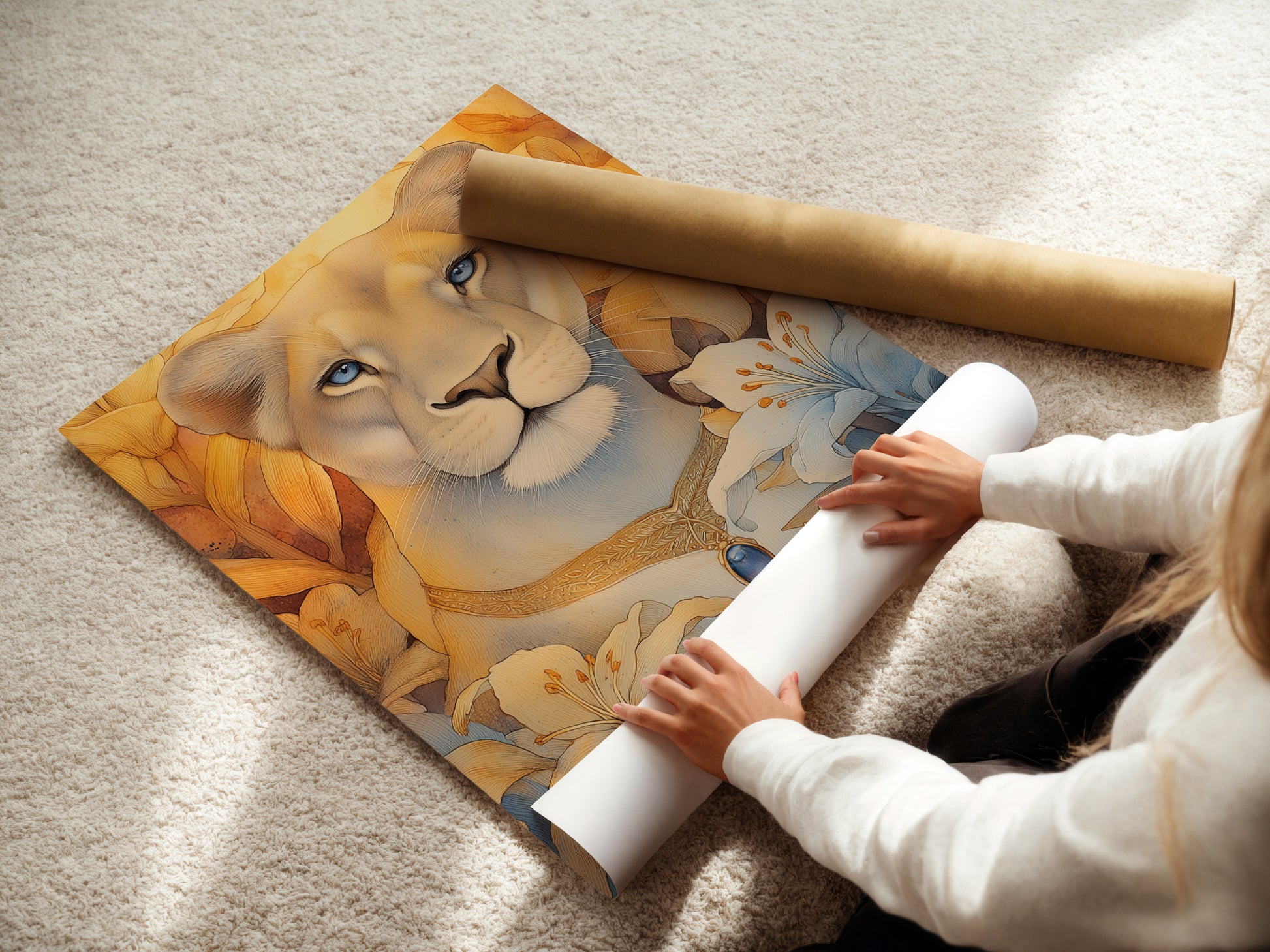 A woman is carefully rolling a fine art poster paper. The paper features the Lioness Portrait artwork. This botanical lion print is ready for framing. Perfect for adding a feminine touch to your space. Shop our fine art posters now