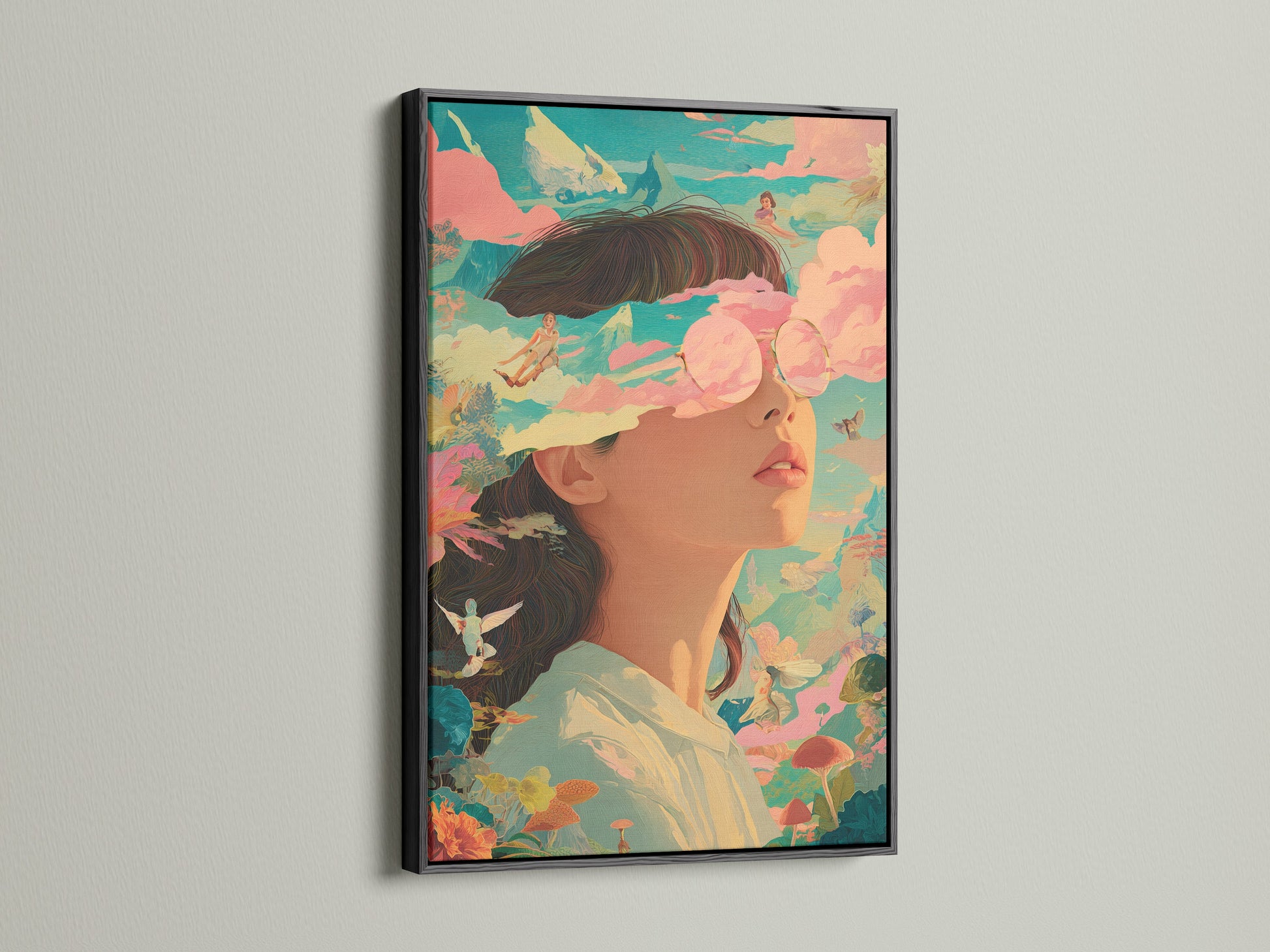 The artwork is showcased in a sleek black frame. The art features a woman with sunglasses surrounded by a dreamy landscape. The black frame adds a touch of sophistication. See how a black frame can transform your art.
