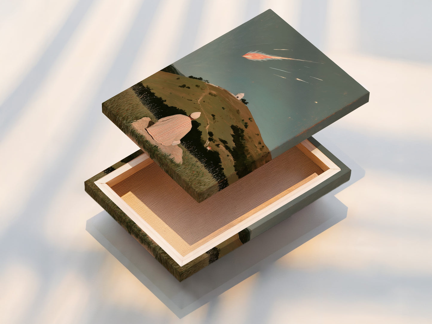 A stretched canvas print of the Shooting Star artwork. This spiritual landscape is ready to hang and transform your space. The artwork features a person meditating on a hill under a celestial display. Perfect for creating a serene environment.