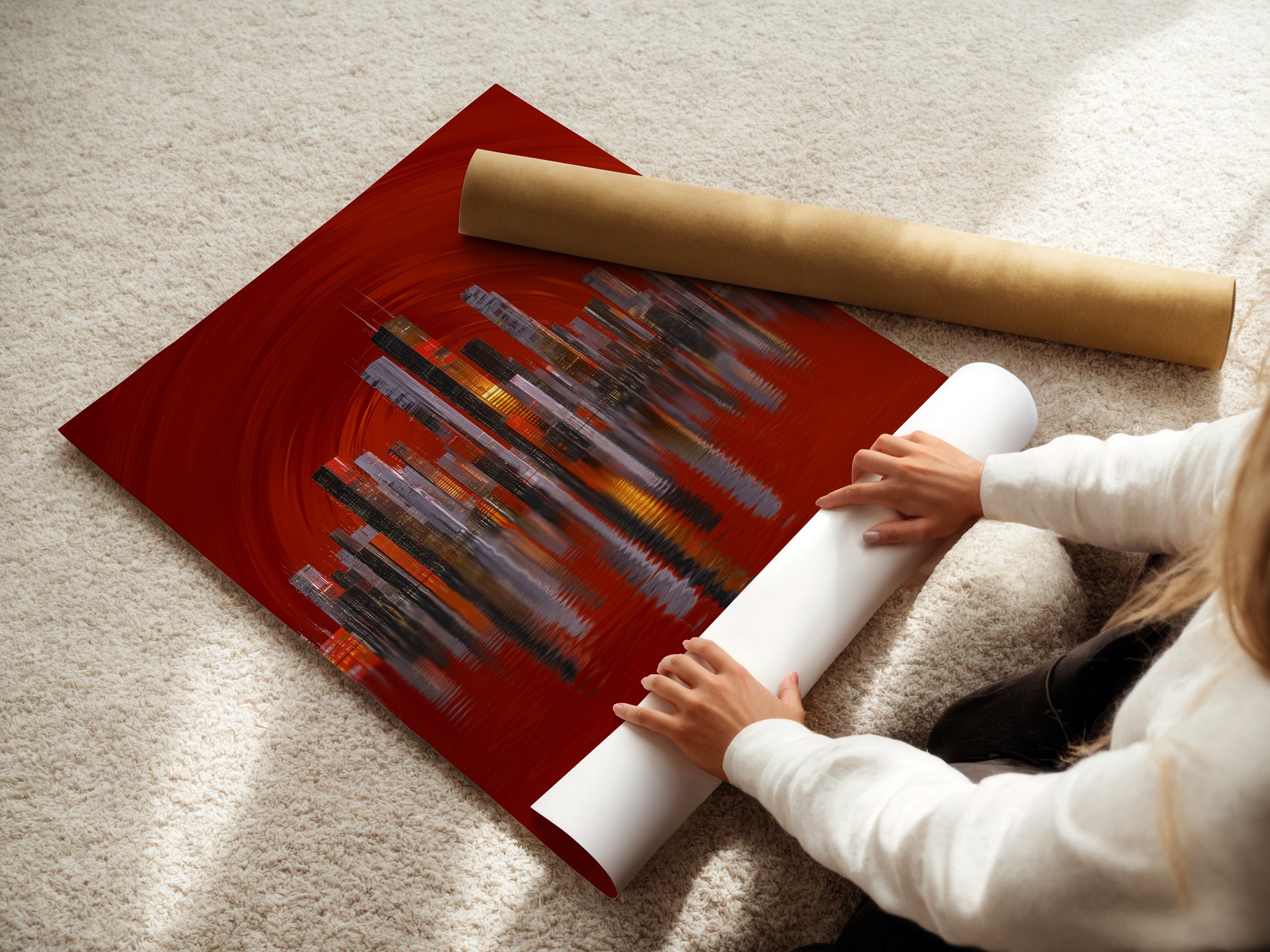 A woman rolls fine art poster paper. Preparing a city skyline artwork for printing. This red abstract urban art is perfect for modern spaces. Get your cityscape wall art ready for architectural display. Great for office decor.