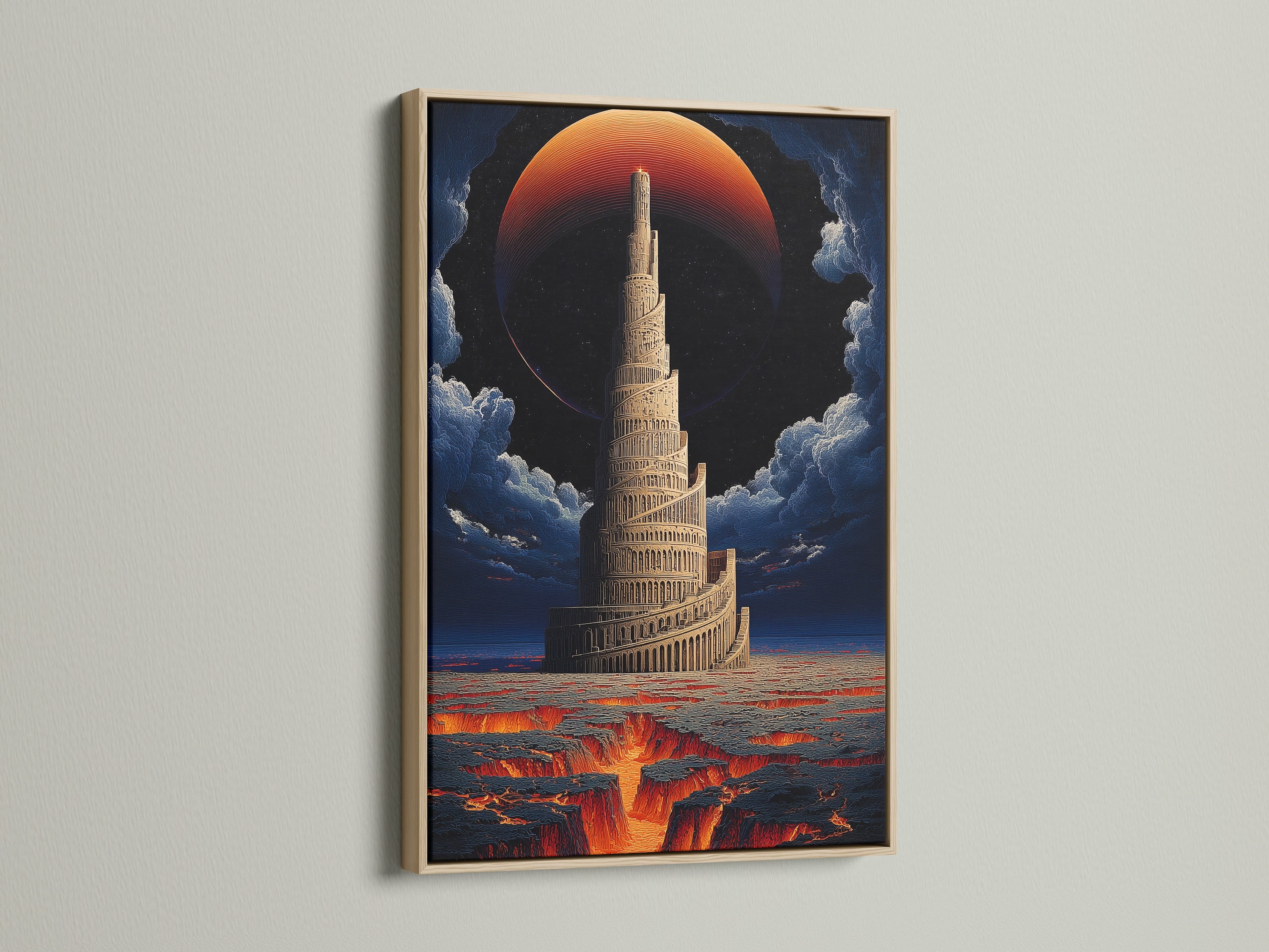 This is a captivating Tower of Babel art print in an oak frame. The surreal wall art presents biblical architecture. It's perfect for adding a touch of mythical art to your office wall decor. The orange and black tones enhance gothic spaces.