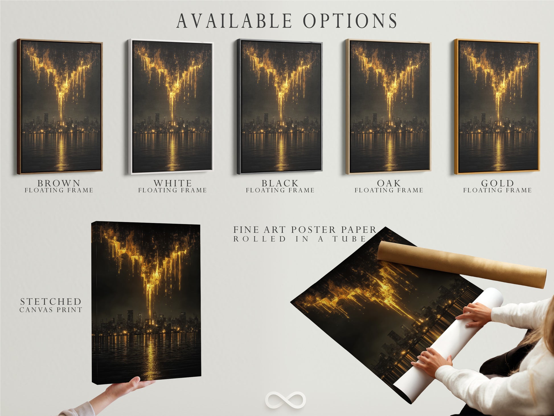 Explore available options for the golden city skyline artwork. Choose from a stretched canvas print fine art poster paper or a floating frame. Perfect for modern office art and urban canvas prints. Customize your abstract skyline art to fit your style. Elevate your moody cityscape with these options.