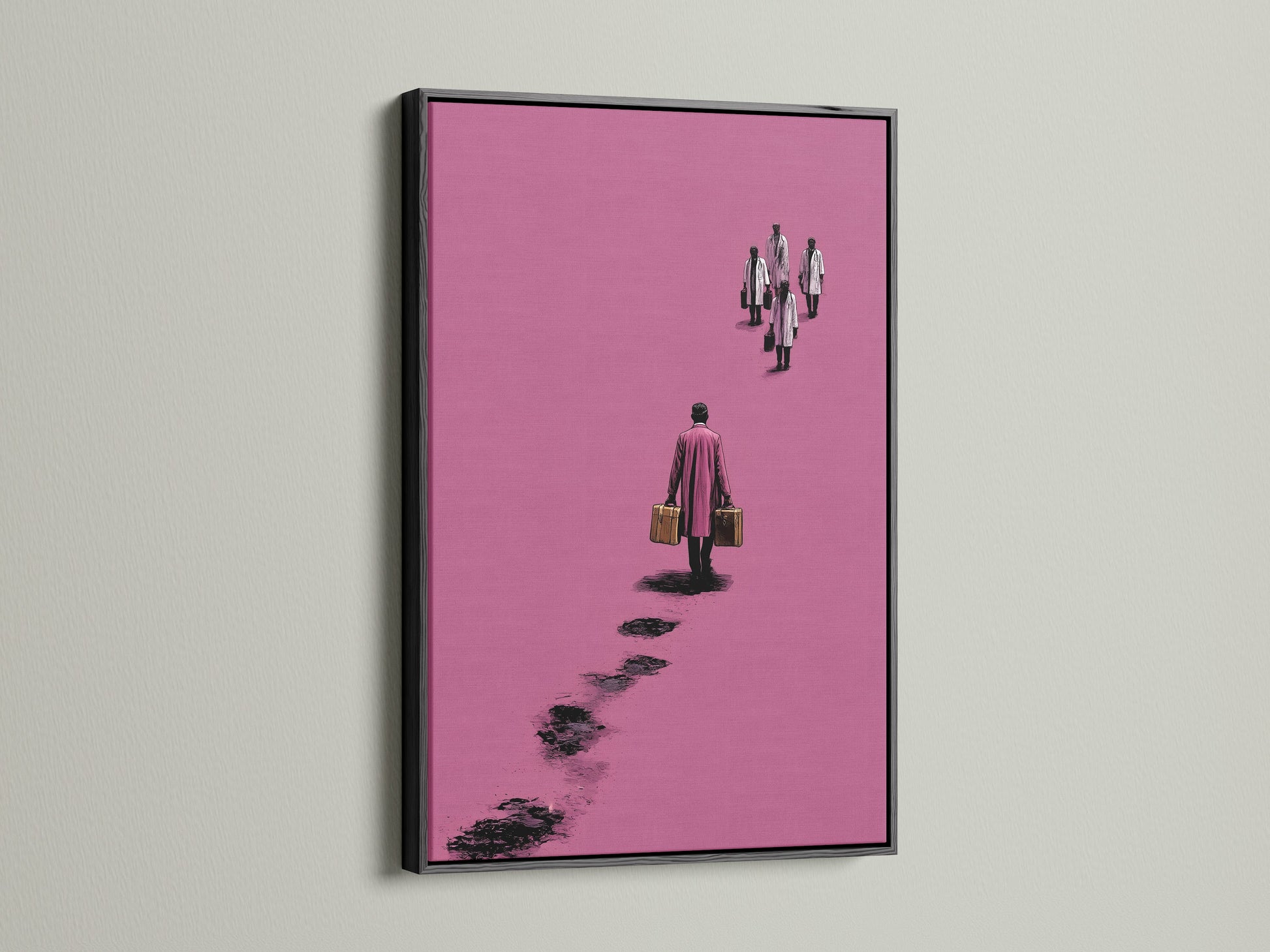 Surreal pink artwork in a black frame. The art features a figure walking away with suitcases. This minimalist canvas print adds a contemporary touch to any office decor. It's a modern abstract poster. The artwork suits Scandinavian styles.
