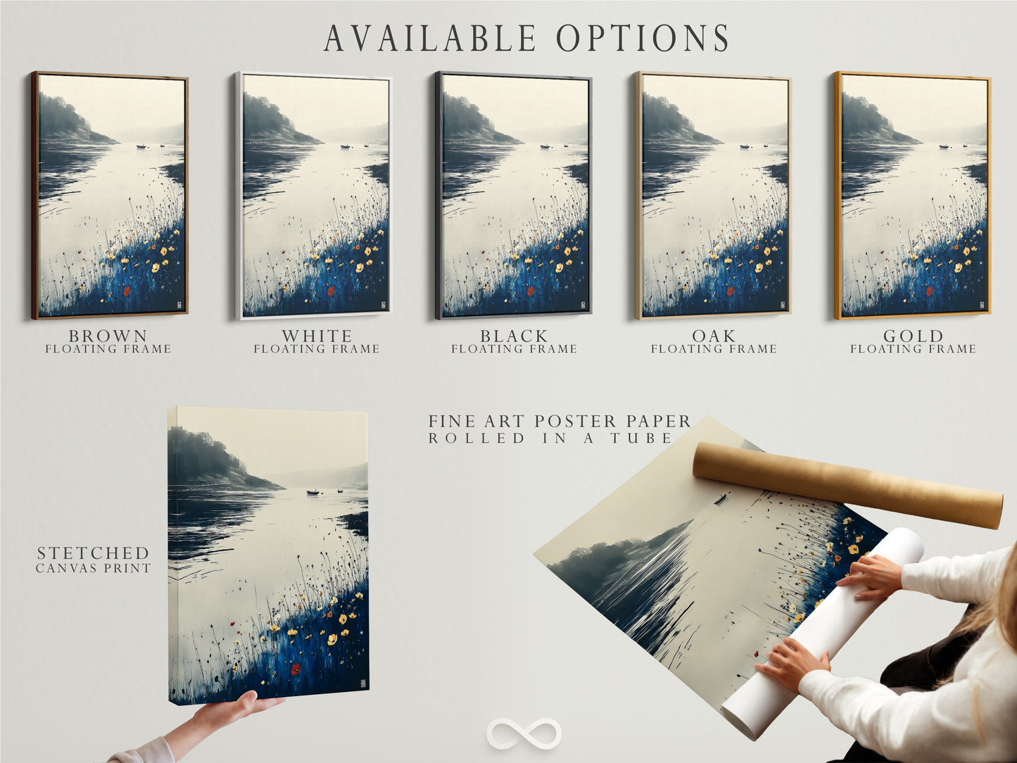 Available options for coastal artwork: stretched canvas print fine art poster paper and floating frame. The serene lake art features blue and beige tones. Choose the perfect format to complement your minimalist coastal or farmhouse style. Elevate your home art with versatile modern nature artwork.