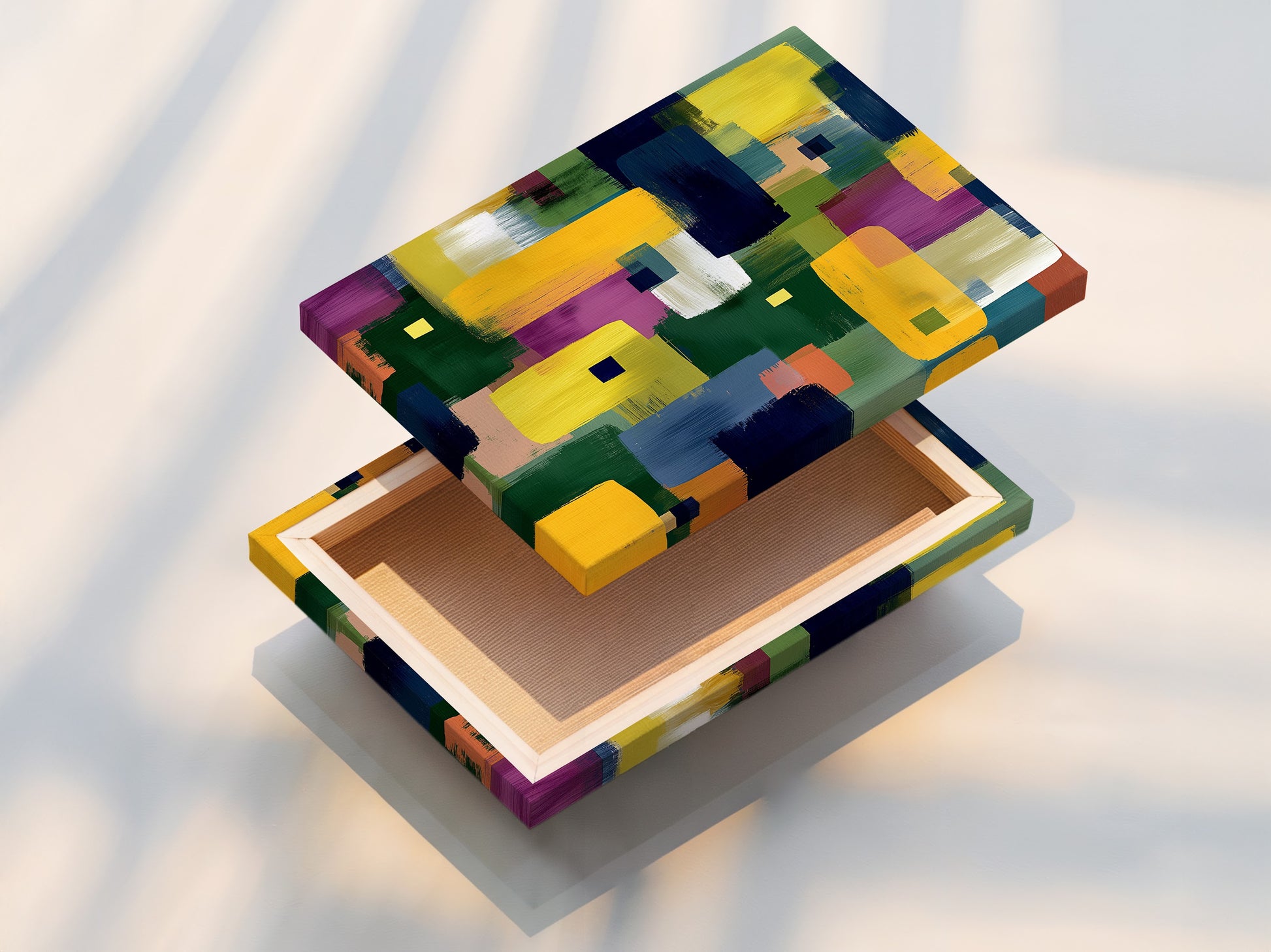 A stretched canvas print is displayed. The artwork features an abstract colorful design with brushstrokes in yellow blue and purple hues. Perfect for modern wall decor. A stretched canvas offers a gallery-wrapped look ready to hang.