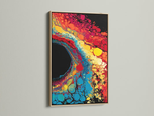 Artwork displayed in an oak frame. The oak frame enhances the artwork. This frame provides a natural and sophisticated look. The artwork features a captivating mix of colors. It will add a touch of elegance to your space. Discover the beauty of framed art.