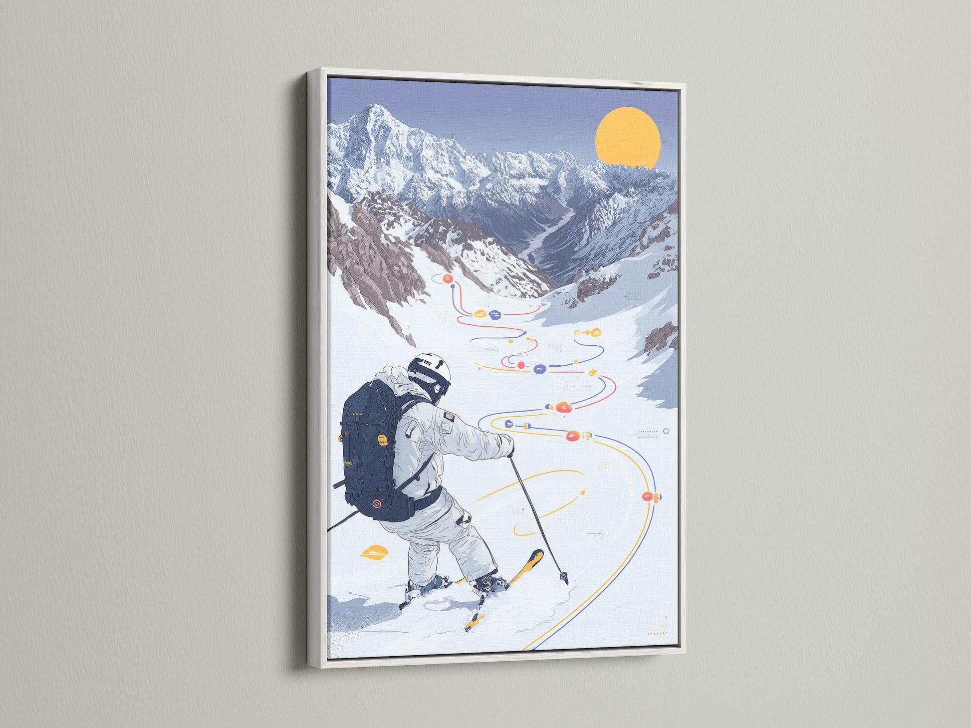 Skiing Mountain canvas print with a white frame. This winter sport artwork offers a clean and modern look. The snowy landscape poster brings a touch of the outdoors inside. The white frame complements any decor style. It's perfect for homeowners renters and business owners seeking elevated Alpine wall decor.