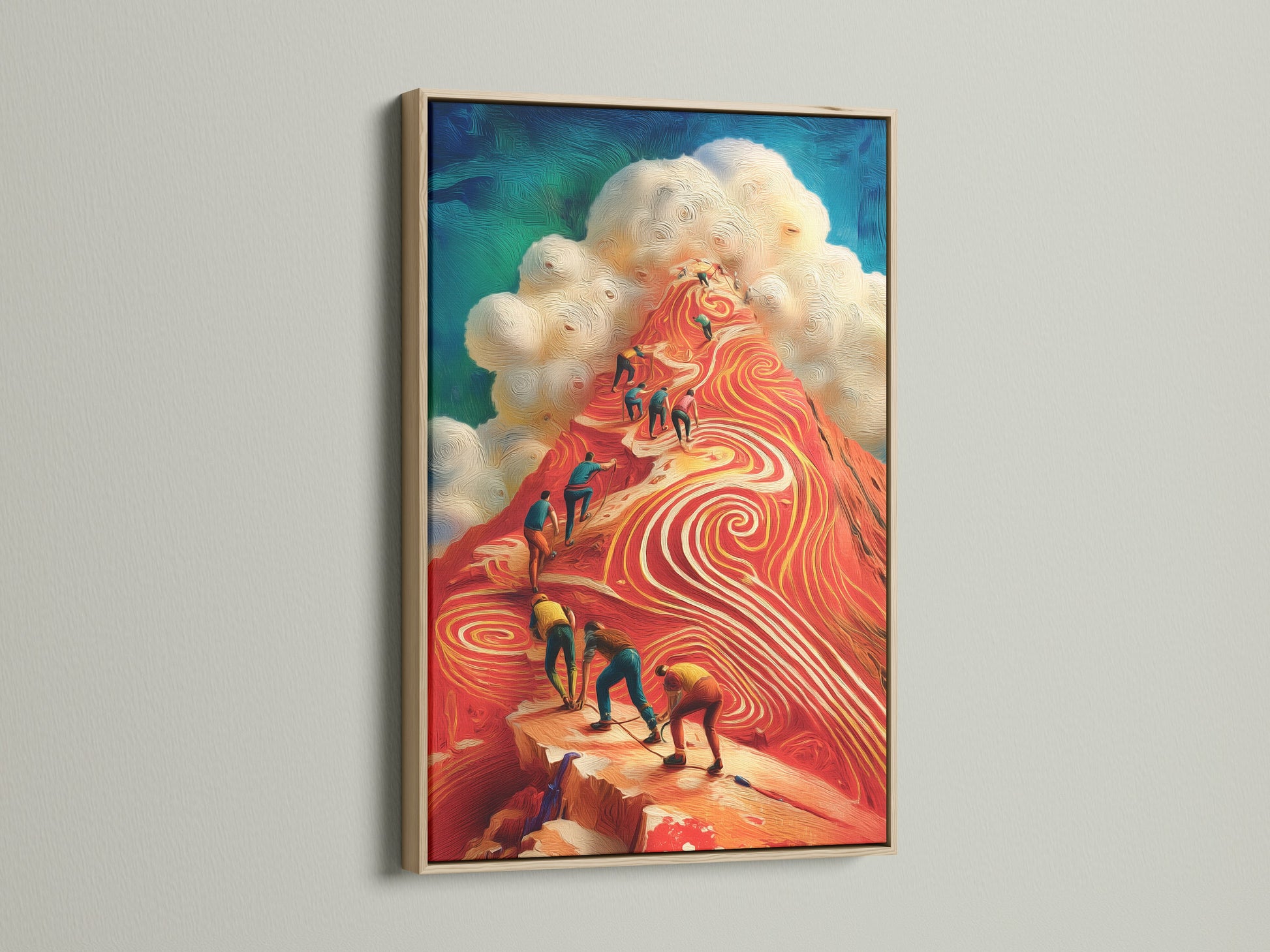 Elevate your space with the Mountain Climbers canvas print in an oak frame. This red peak artwork is ideal for an office setting. It inspires ambition and teamwork. The warm oak complements the modern artwork. Discover the perfect adventure seeker poster.