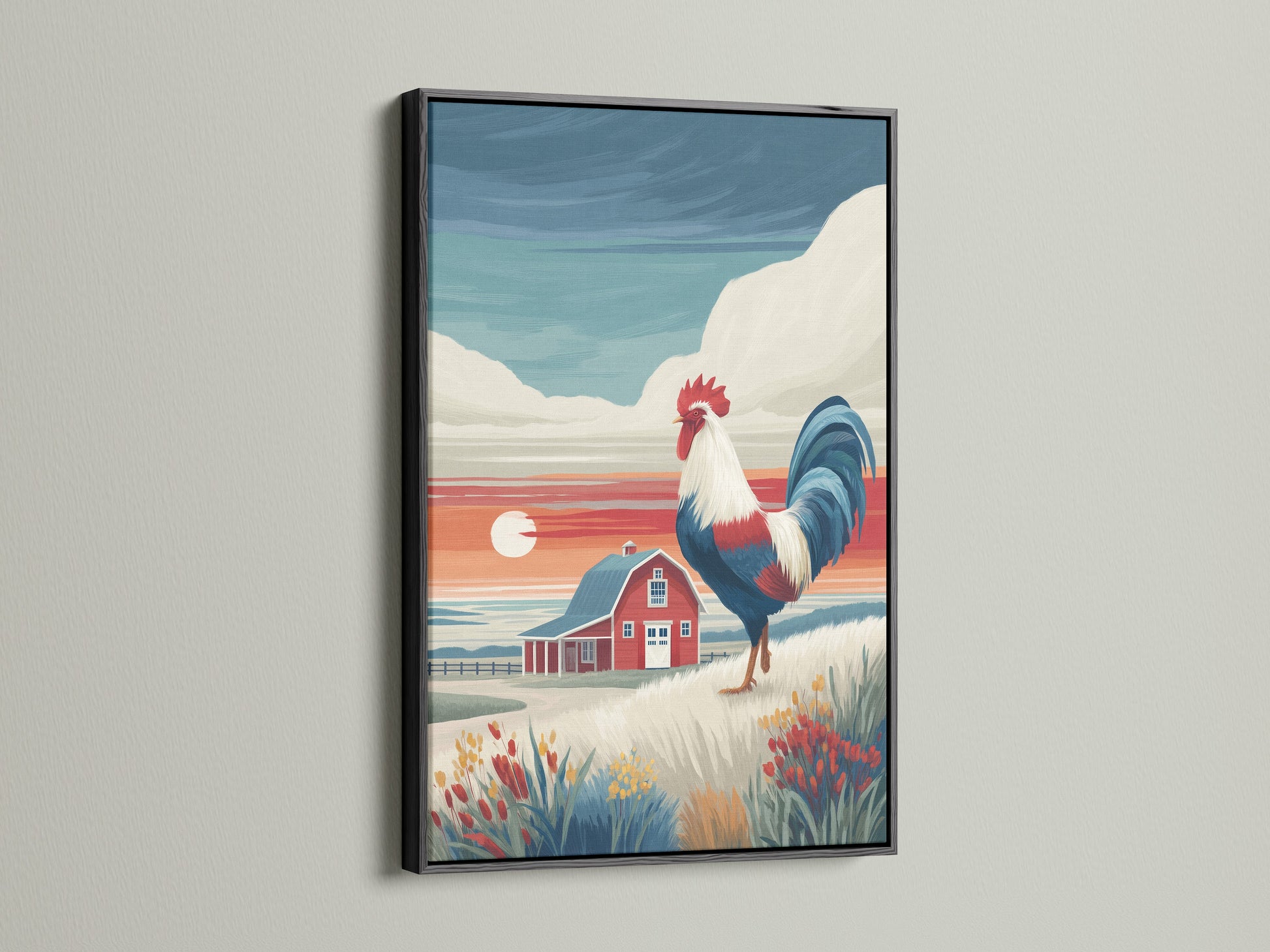 Rooster canvas print in a black frame. This farmhouse wall art suits country kitchens. The red barn landscape adds drama to dining rooms. A black frame provides a modern edge to this rustic artwork. The art makes a statement.