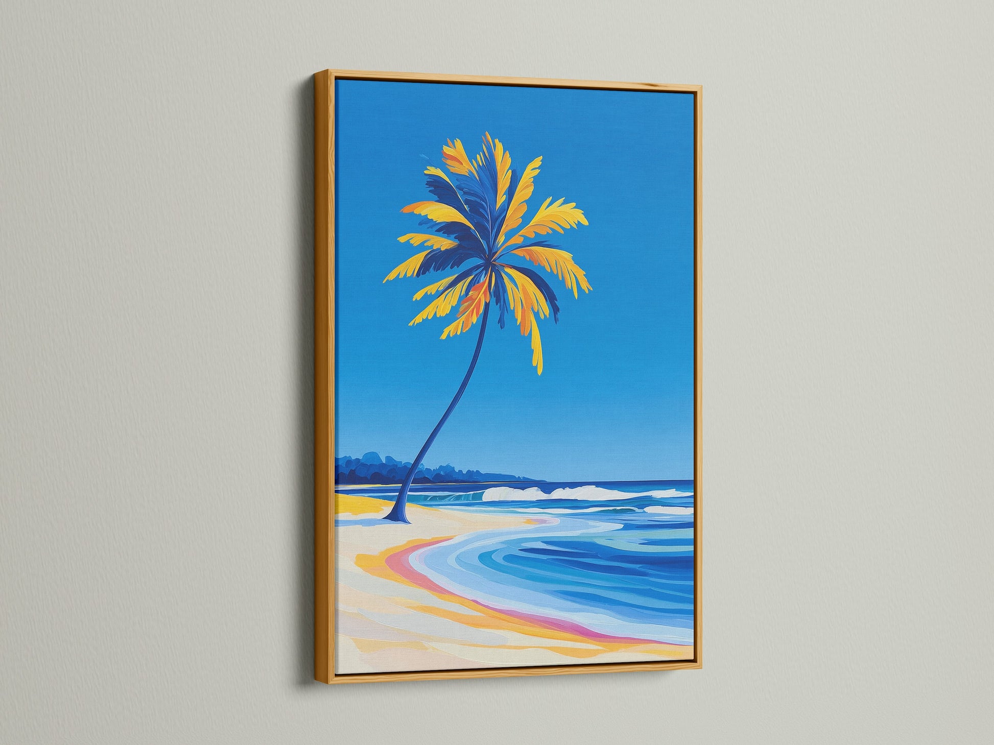 Palm Tree Beach artwork showcased in a gold frame. This tropical coastal canvas print brings a touch of elegance. The gold frame complements the ocean wave art. Perfect nautical artwork for a sophisticated decor. Enhance your beach house with this stylish piece.