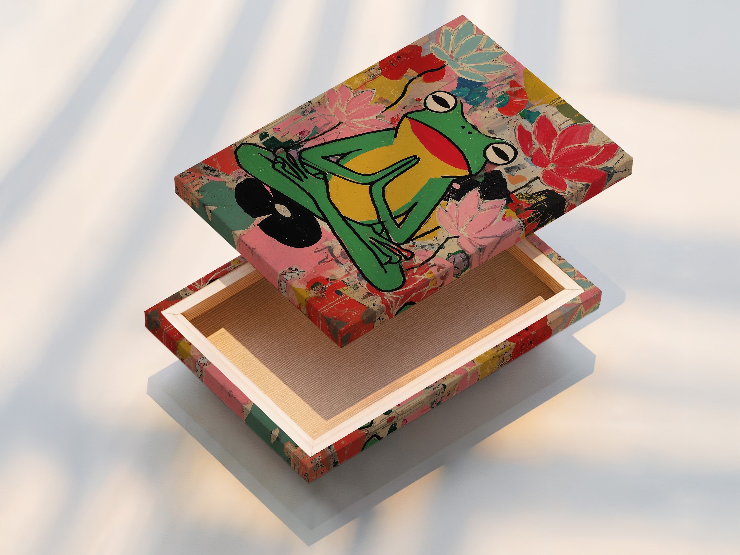 A stretched canvas print of the Zen Frog artwork. It's meditation lotus art creating colorful yoga studio decor for mindfulness. Perfect for art lovers and wellness spaces. The artwork complements eclectic boho contemporary styles. It's a unique piece of wall art