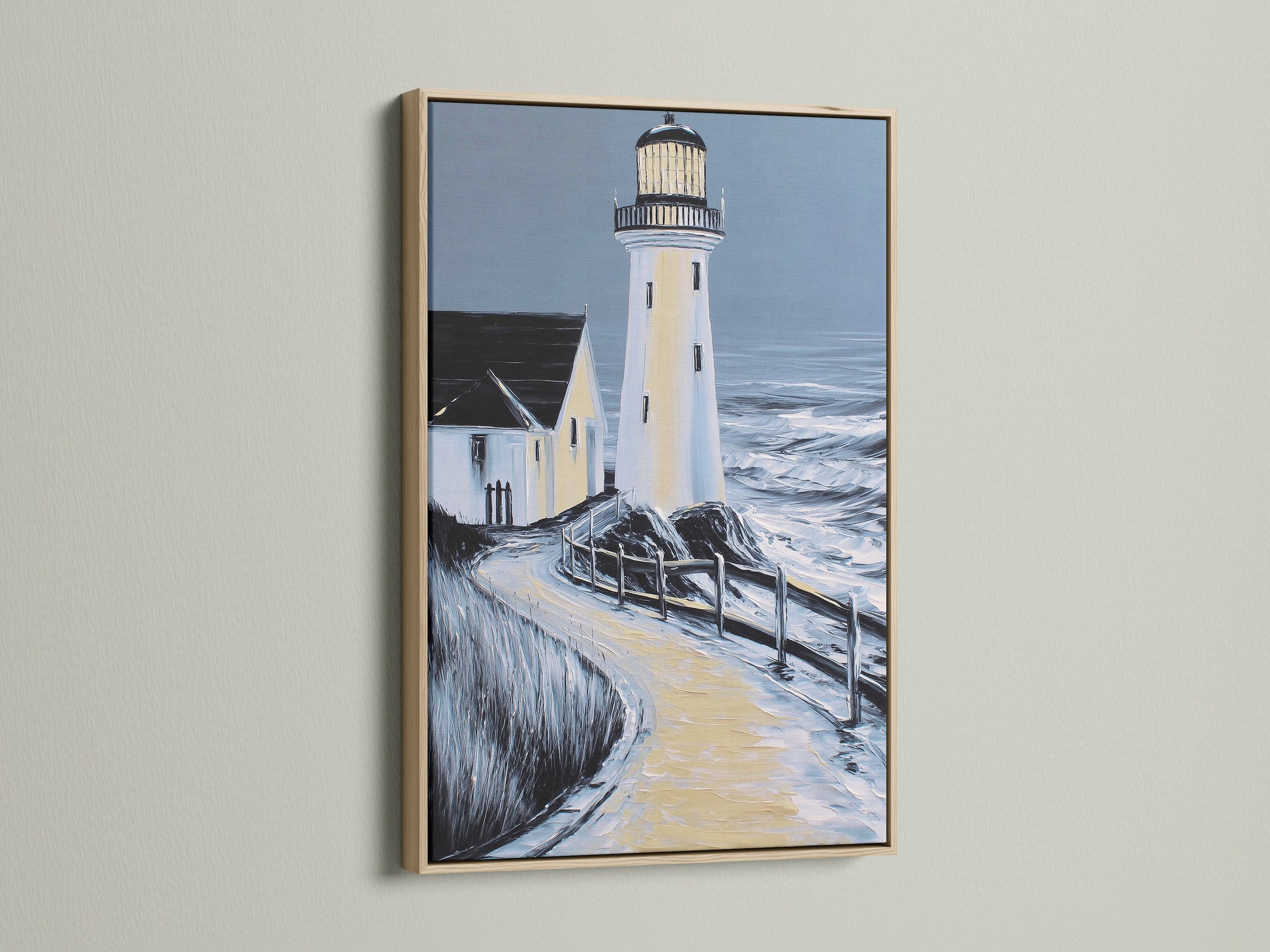 Lighthouse coastal artwork in an oak frame. This nautical print brings a peaceful sea landscape to your space. The oak frame complements the artwork. Ideal for coastal decor and nautical themes.