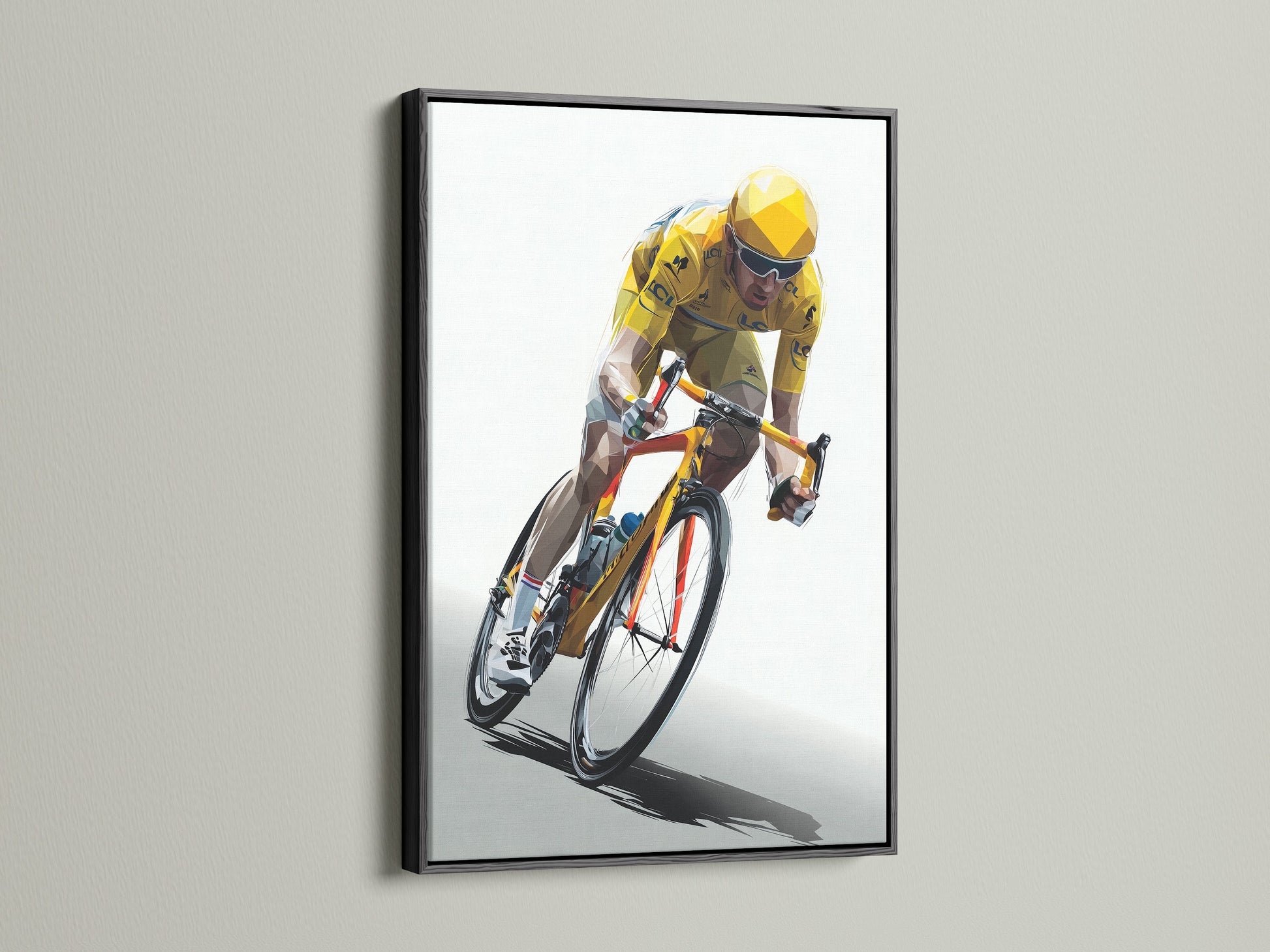 Artwork featuring a cyclist in a dynamic pose is framed in a sleek black wood. The print is displayed on a wall. The black frame provides a classic touch.  Frame your artwork with elegance. This black frame will make your art stand out.  Find the perfect frame today.