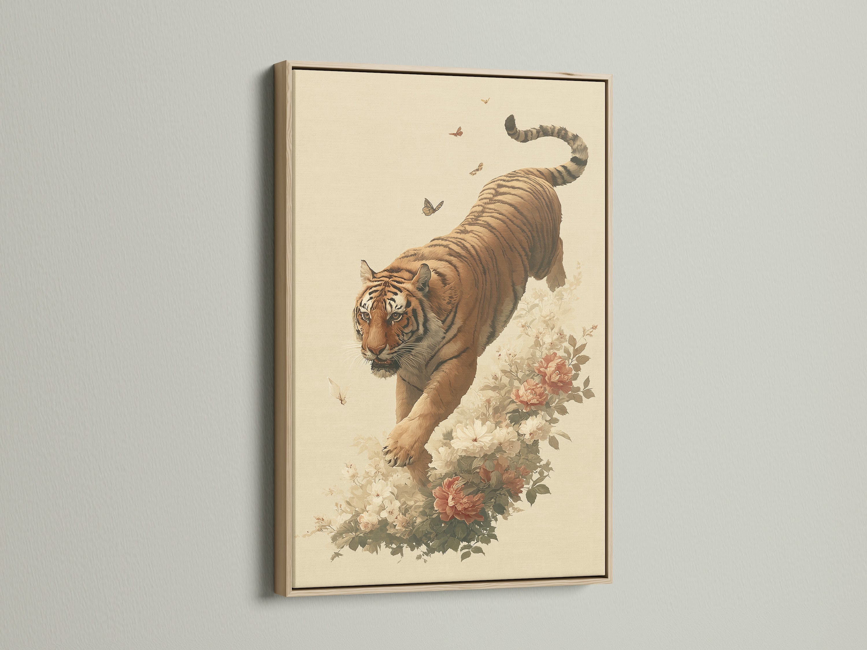 Vintage tiger art set in an oak frame is a striking piece of wall art. The artwork features a botanical tiger with floral elements. This traditional wildlife canvas is ideal for a study room or any space needing a touch of oriental prints. The oak frame enhances the vintage aesthetic of the tiger wall decor.