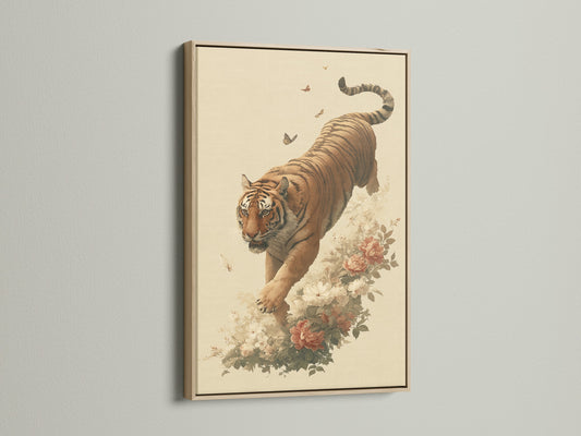 Vintage tiger art set in an oak frame is a striking piece of wall art. The artwork features a botanical tiger with floral elements. This traditional wildlife canvas is ideal for a study room or any space needing a touch of oriental prints. The oak frame enhances the vintage aesthetic of the tiger wall decor.