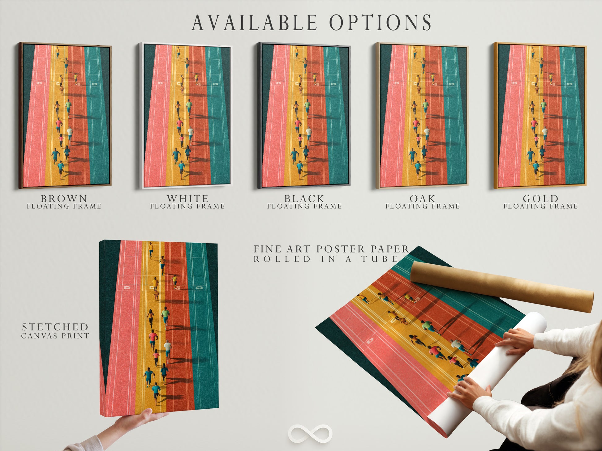 Available options for the running track artwork. Choose between a stretched canvas print fine art poster paper and floating frame. Elevate your home gym decor with this colorful aerial sports wall art.
