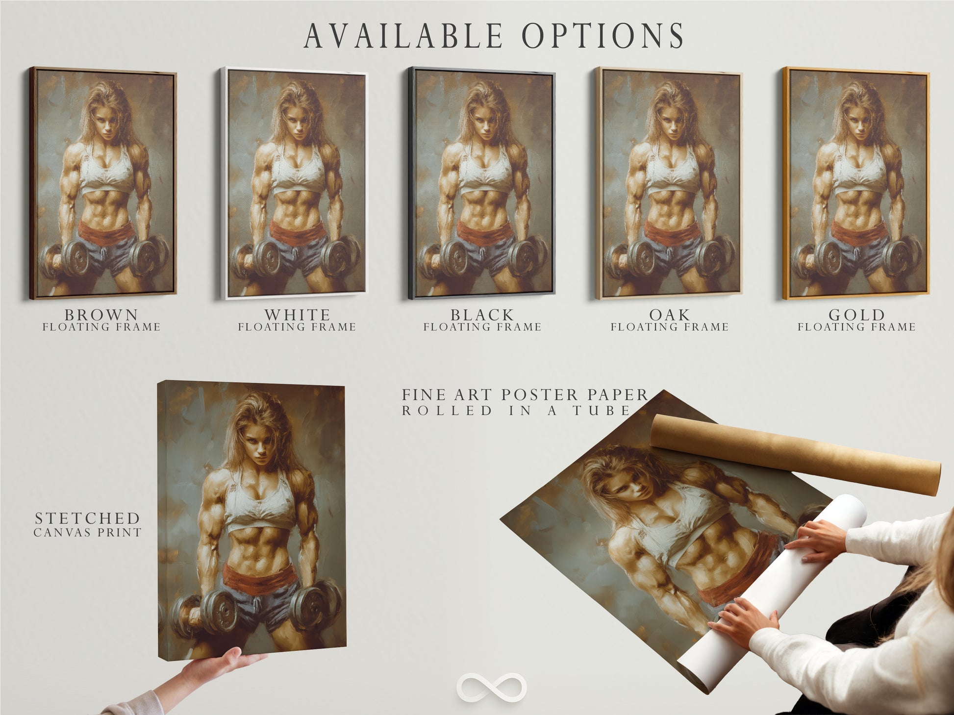 Available options for your artwork needs. Options include stretched canvas prints fine art poster paper and floating frames. Find the perfect strong woman artwork. Elevate your fitness motivation wall art today.