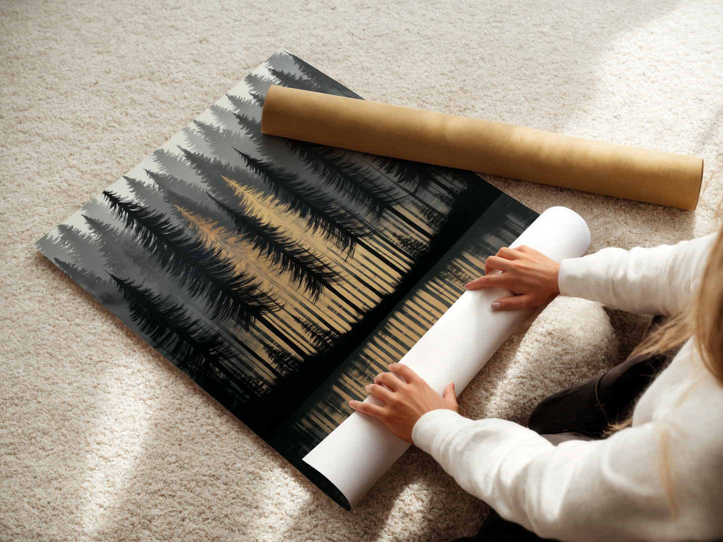 A woman is carefully rolling a fine art poster paper showcasing its quality. This forest lake artwork captures a golden hour reflection scene. The landscape print is perfect for nature lovers. It's a peaceful artwork choice for creating tranquil decor in your home or office.