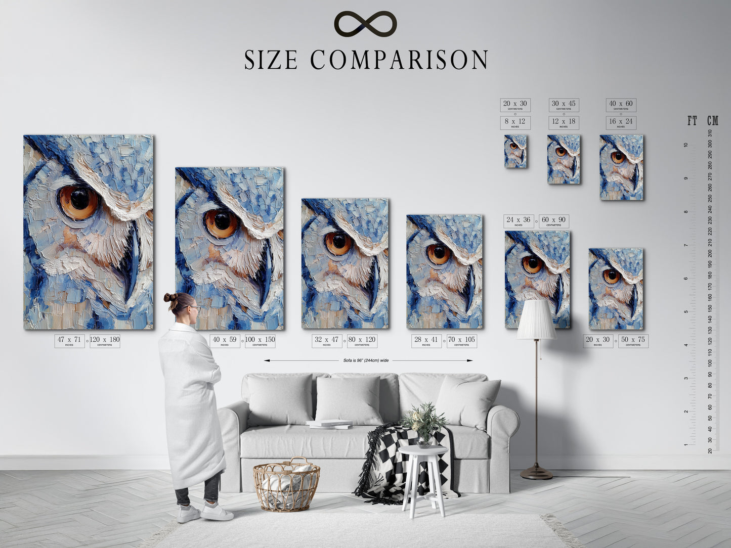 Size comparison chart displayed in an interior setting. The chart helps visualize artwork dimensions. It provides a sense of scale within a room. This allows customers to choose the perfect size for their space. The image offers practical guidance for art selection.